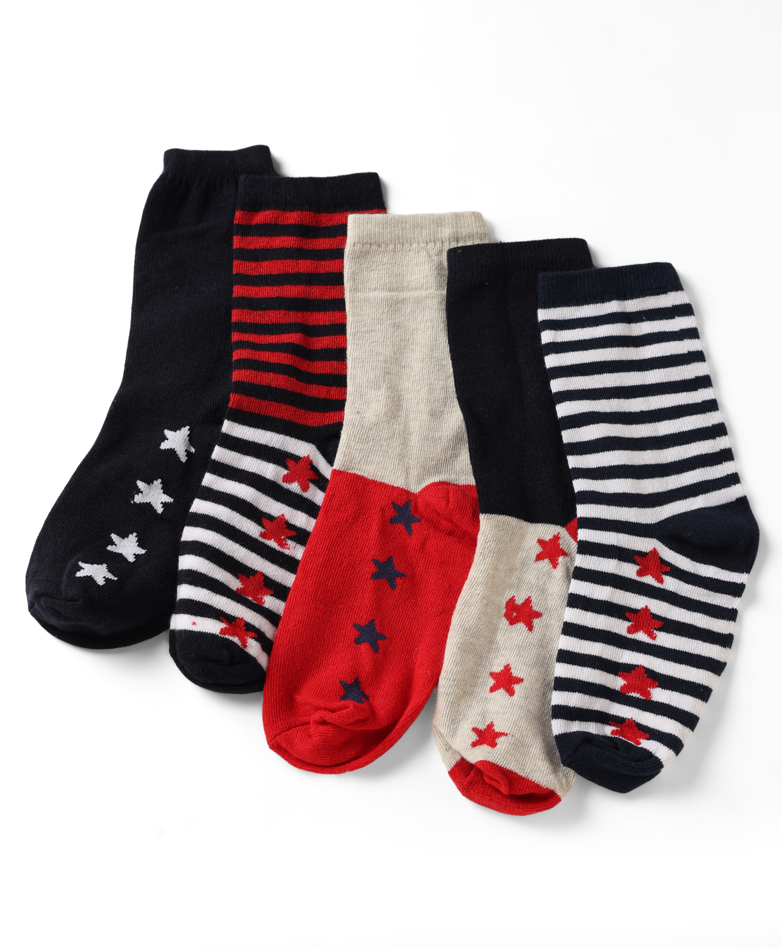 Pine Kids Cotton Knit Ankle Length Striped Socks With Star Print Set Of 5 - Black, Red & Grey-image-4
