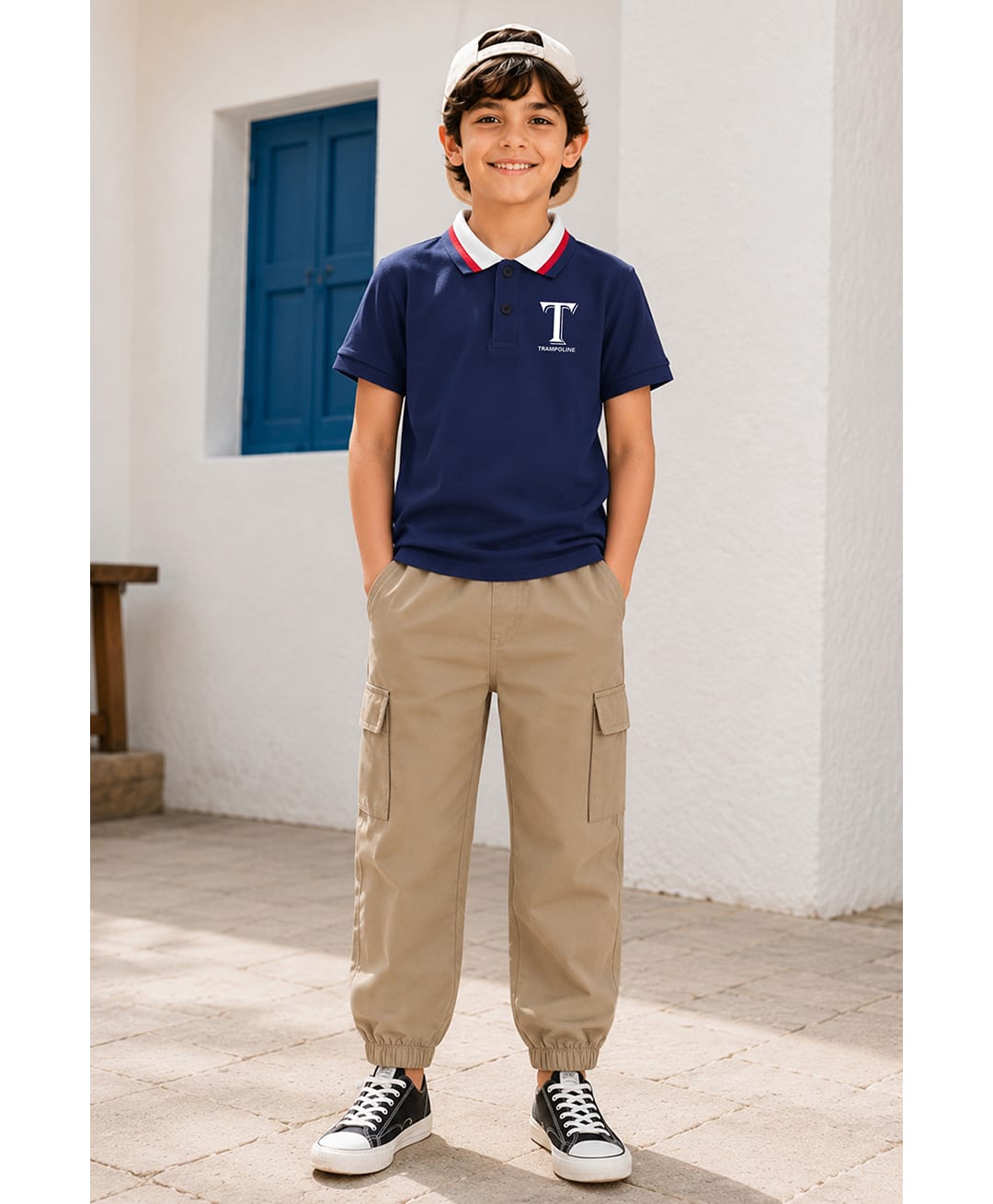 Trampoline Cotton Blend Knit Half Sleeves Brand Name Printed Polo Tee & Cargo Style Trousers Set - Blue & Beige-image-19
