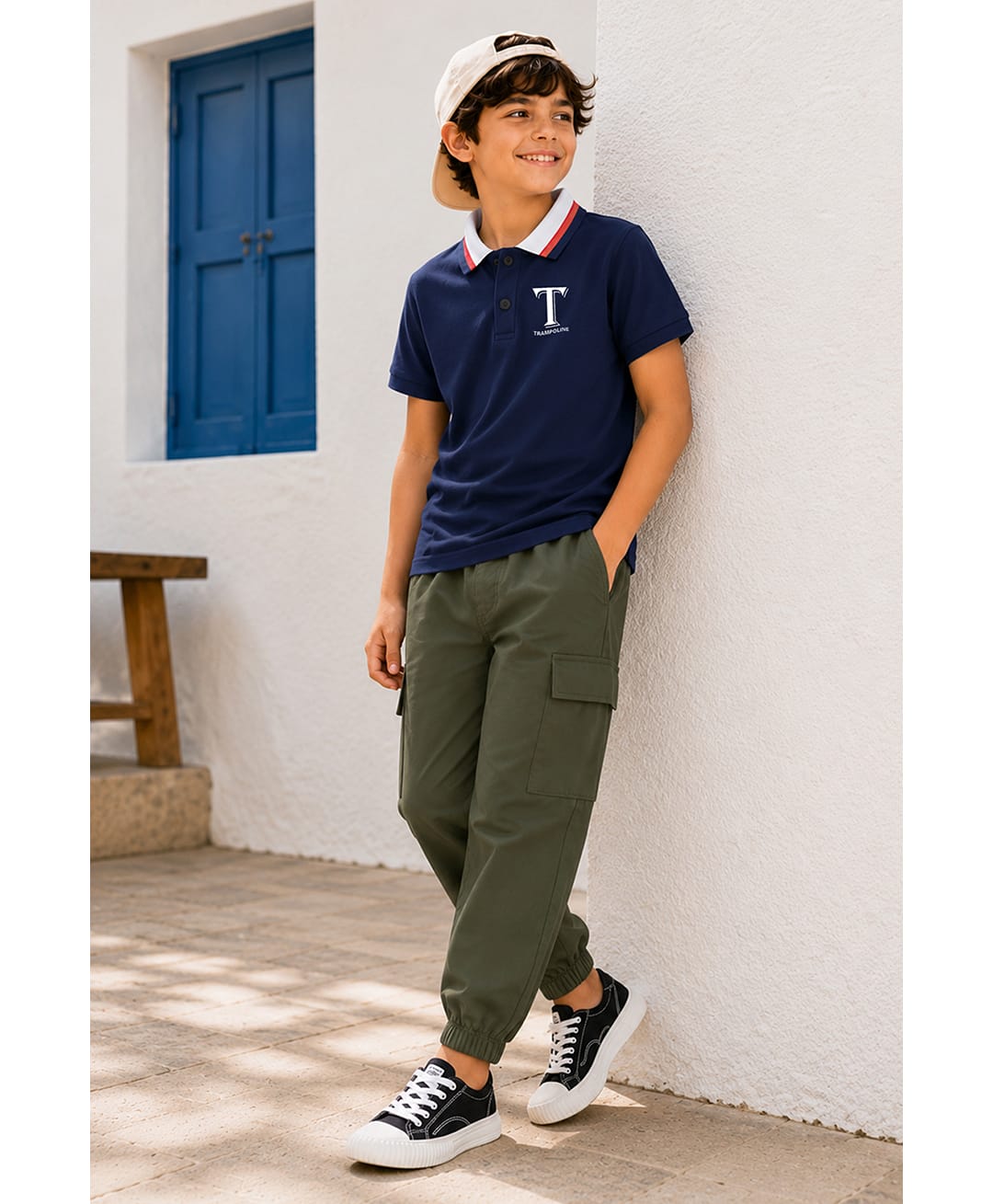 Trampoline Cotton Blend Knit Half Sleeves Brand Name Printed Polo Tee & Cargo Style Trousers Set - Blue & Green-image-4
