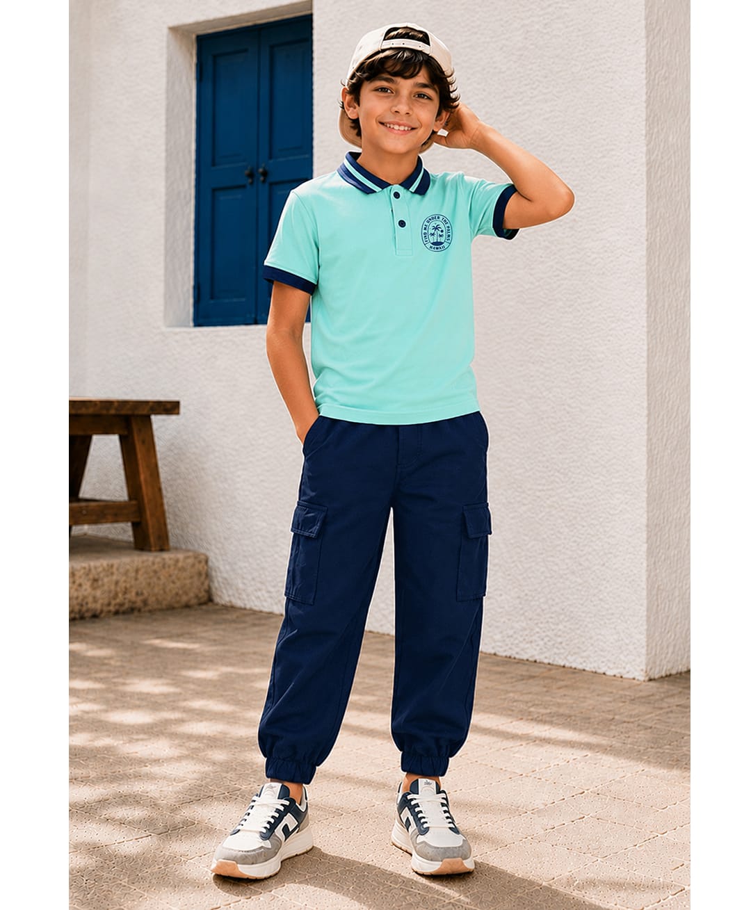 Trampoline Cotton Blend Knit Half Sleeves Brand Name Printed Polo Tee & Cargo Style Trousers Set - Sky Blue & Navy Blue-picture-35