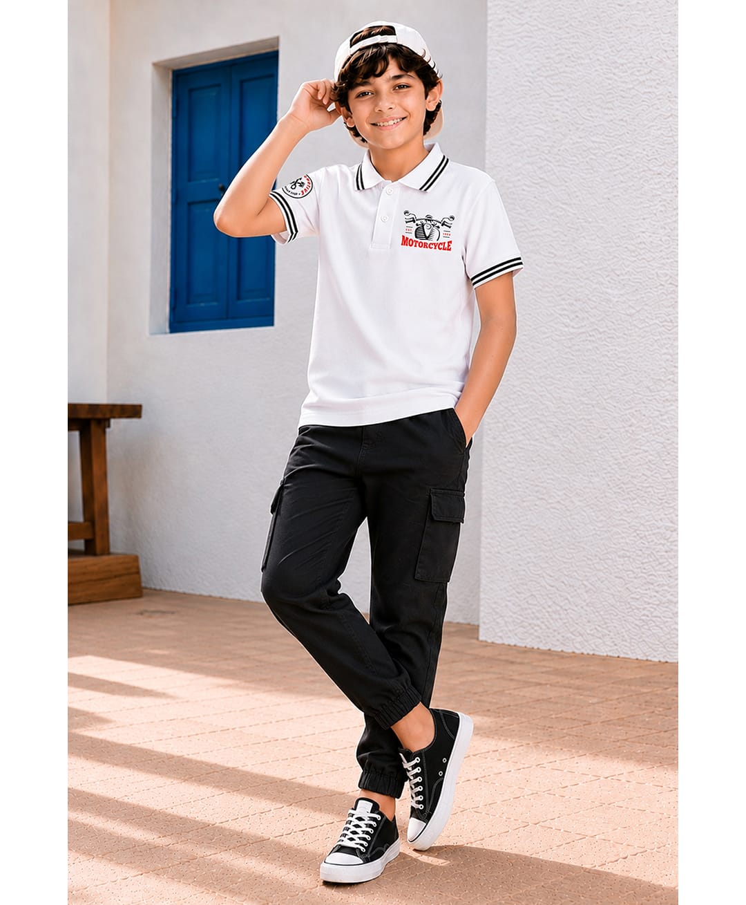 Trampoline Cotton Blend Knit Half Sleeves Motorcycle Text Printed Polo Tee & Cargo Style Trousers Set - White & Black-image-46