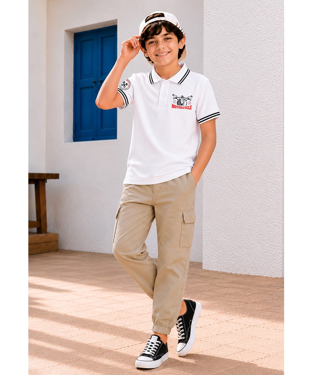 Trampoline Cotton Blend Knit Half Sleeves Motorcycle Text Printed Polo Tee & Cargo Style Trousers Set - White & Beige-image-4