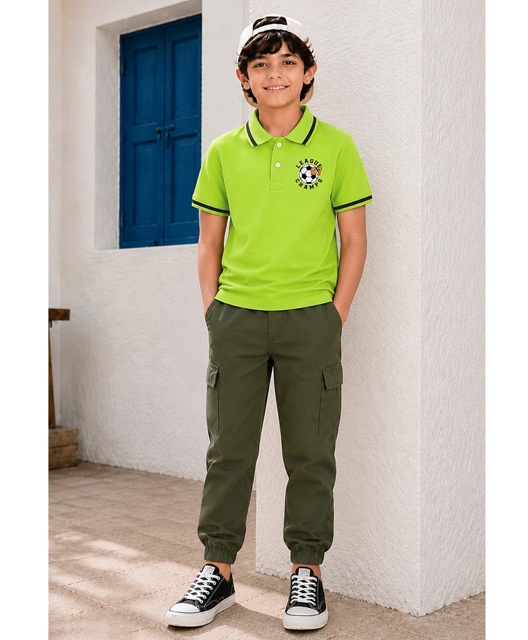 Trampoline Cotton Blend Knit Half Sleeves Football Printed Polo Tee & Cargo Style Trousers Set - Limegreen & Green-image-8