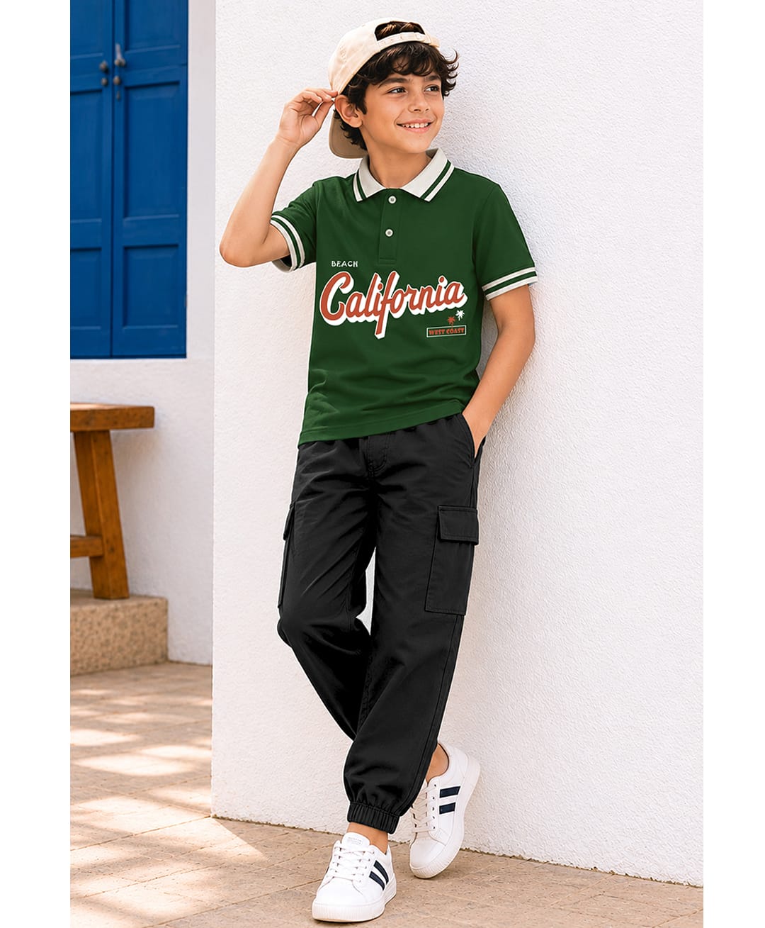 Trampoline Cotton Blend Knit Half Sleeves California Text Printed Polo Tee & Cargo Style Trousers Set - Green & Black-picture-34