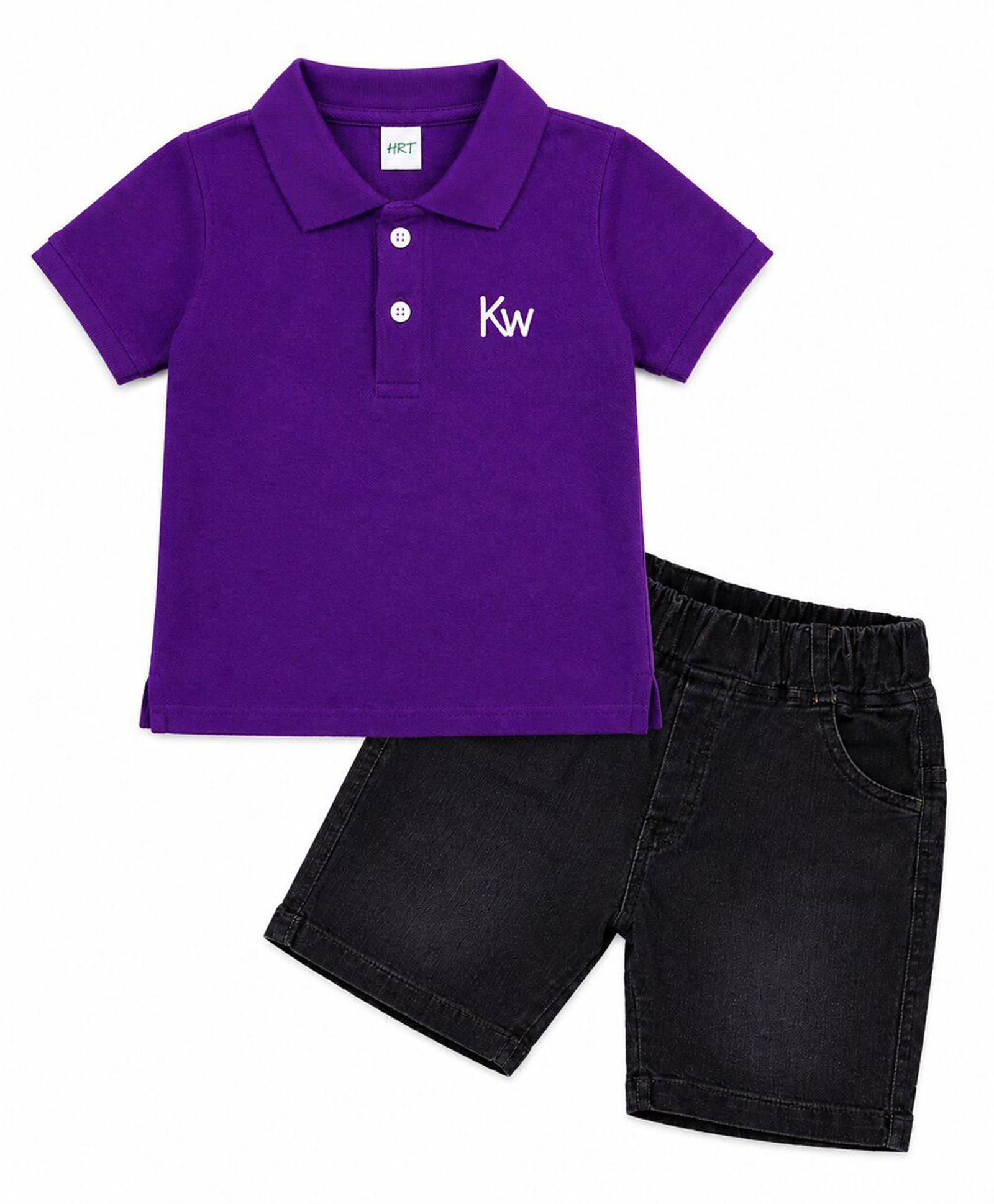 HRIT Cotton Knit Half Sleeves Brand Logo Printed Polo Tee & Shorts Set - Purple & Black-picture-24