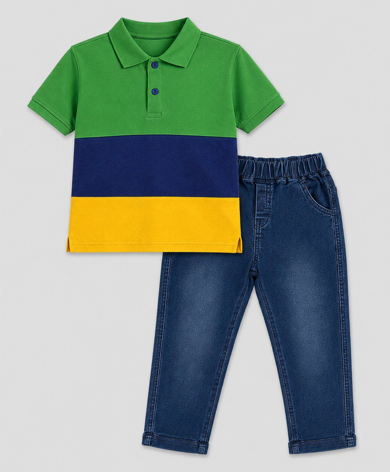 HRIT Cotton Knit Half Sleeves Colour Blocked Polo Tee & Jeans Set - Green & Blue-picture-11