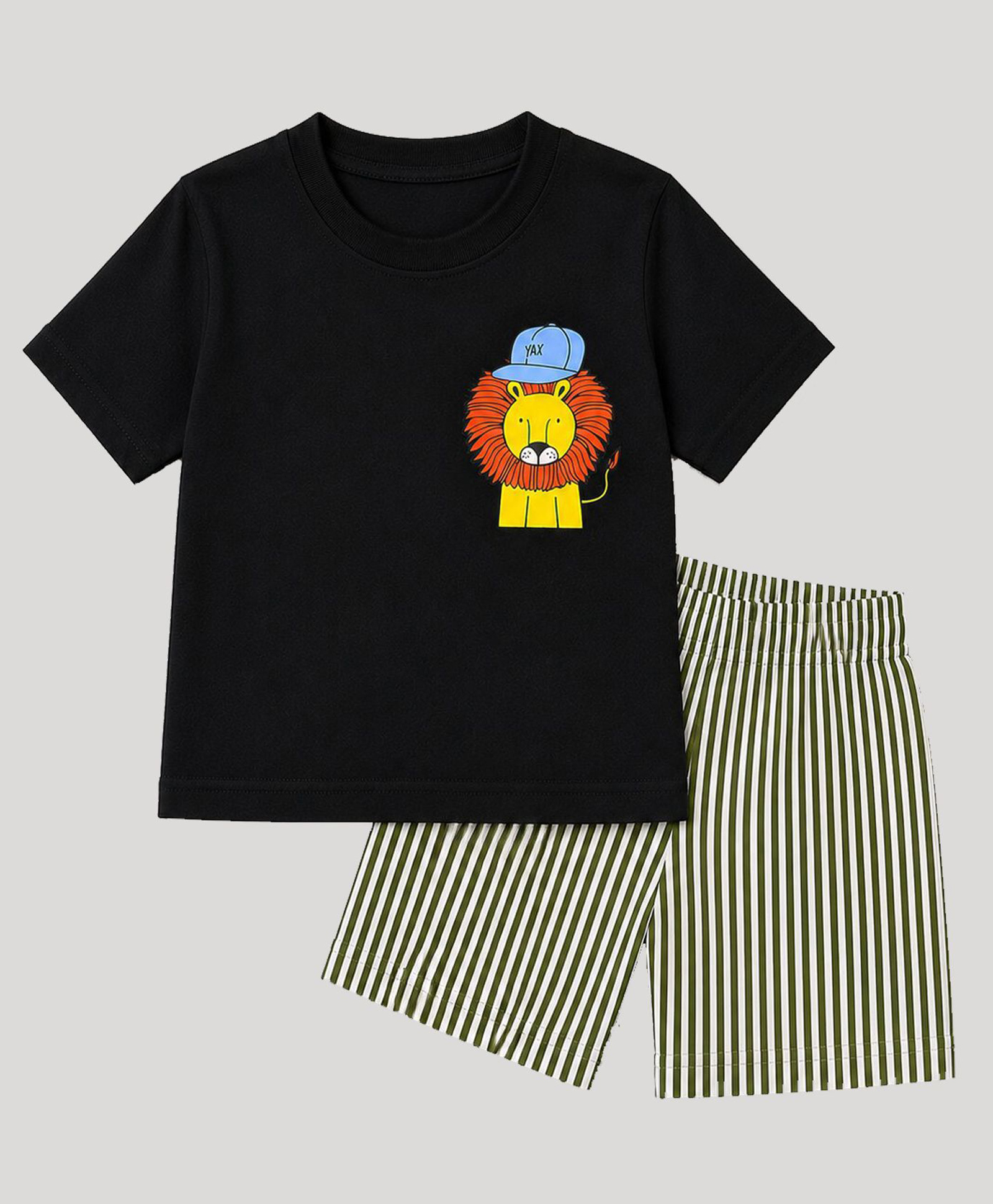 HRIT Cotton Knit Half Sleeves Lion Printed Tee & Shorts Set - Black & Olive Green-picture-14