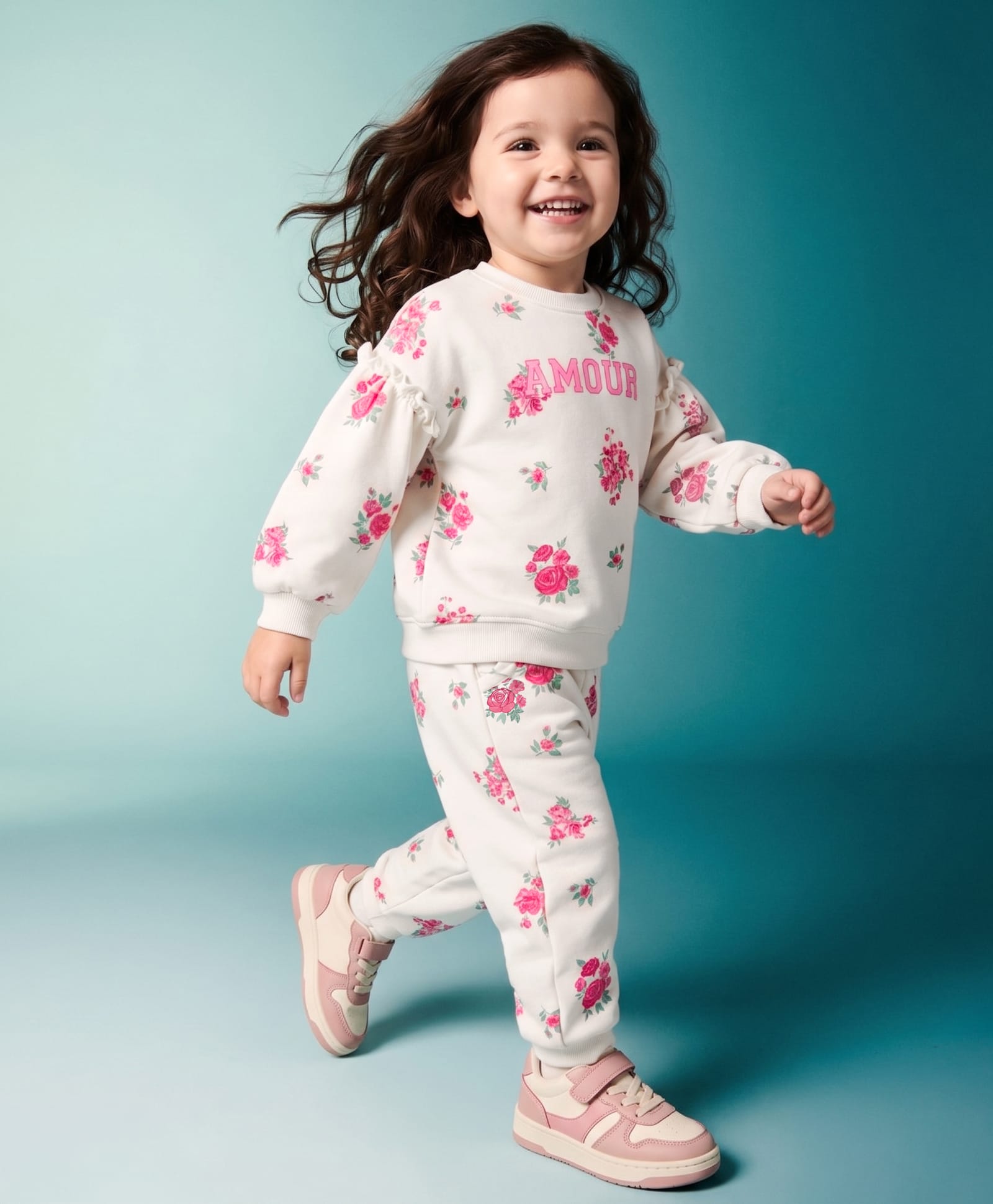 Babyhug Terry Knit Full Sleeves Sweatshirt & Jogger Set With Floral Print & Amour Text Embroidered - Cream-image-24