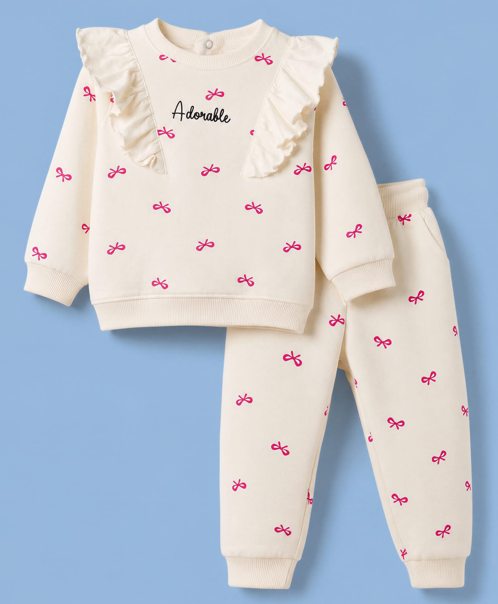 Babyhug Terry Knit Full Sleeves Bow Printed Top And Bottomwear - Cream & Pink-image-44
