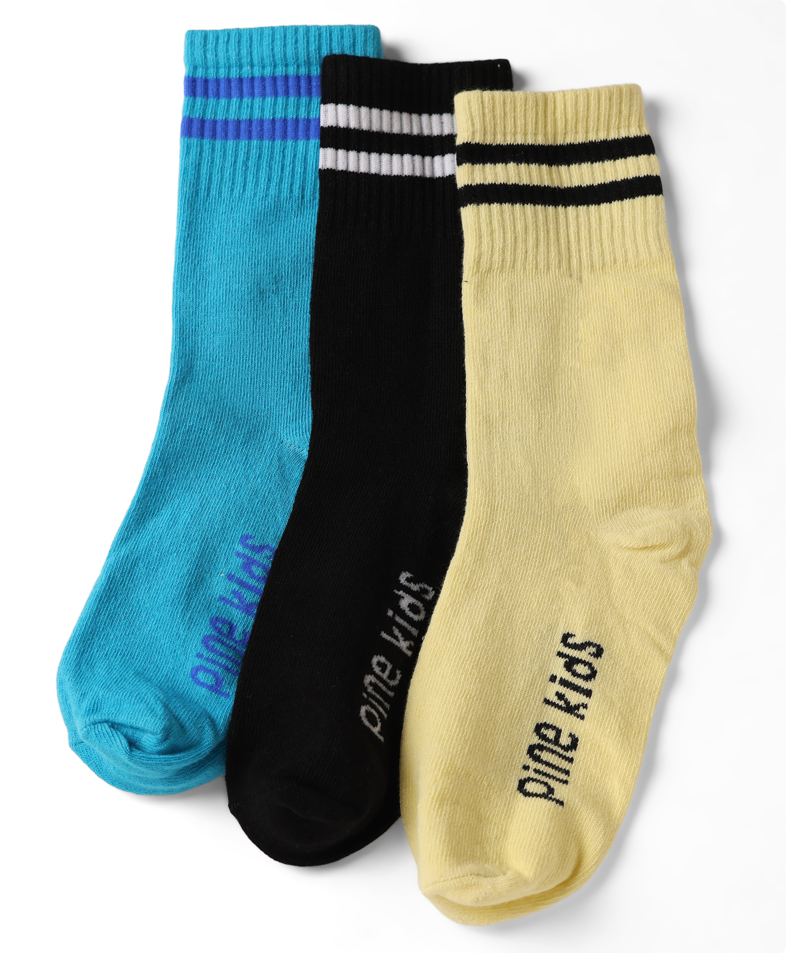 Pine Kids Cotton Knit Regular Length Socks With Logo Design Set of 3 - Blue, Black & Cream-picture-11