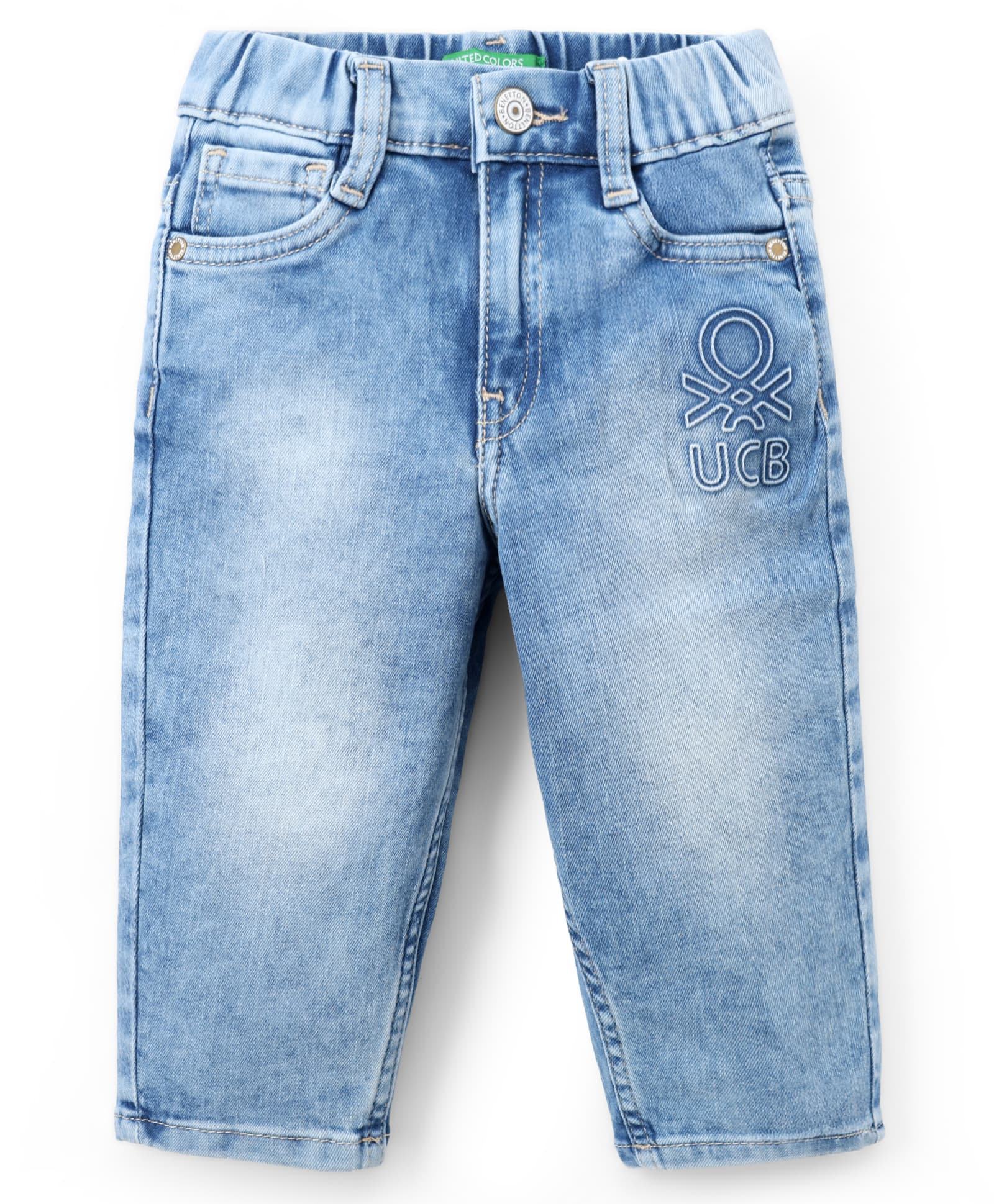 UCB Cotton Elastane Woven Full Length Embossing At Front Slouchy Fit Solid Denim With Pockets - Sky Blue-picture-12