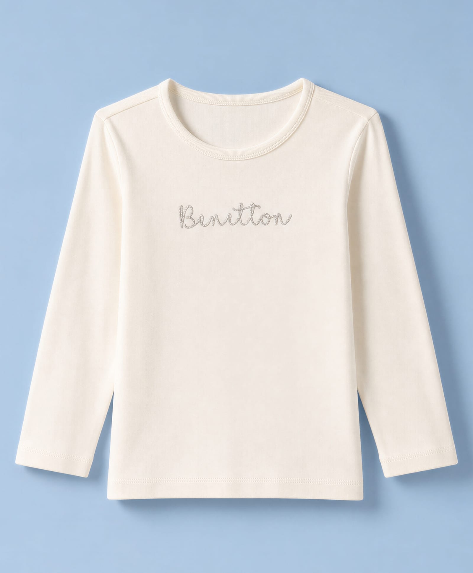 UCB 100% Cotton Knit Full Sleeves Solid T-Shirt with Benetton Glitter Print - OffWhite-picture-0