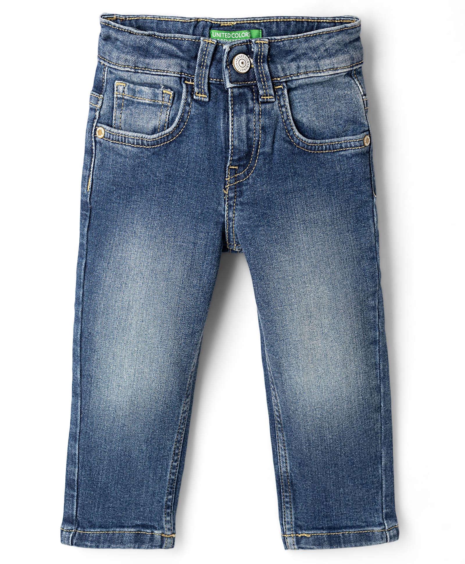 UCB Cotton Elastane Full Length Back Pocket Brand Print Straight Fit Denim Jeans - Blue-picture-10