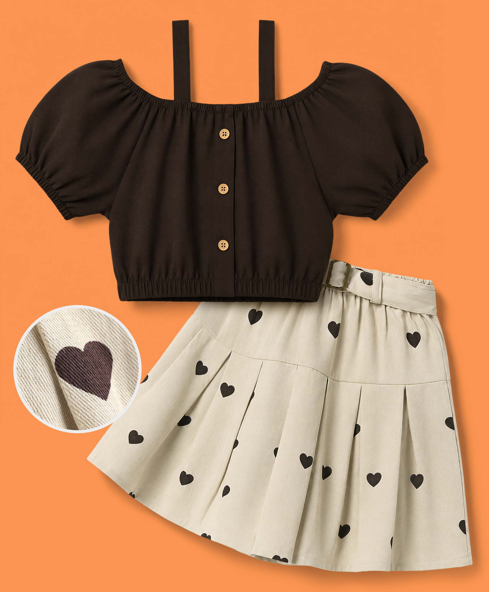 Ollington St. Cotton Woven Half Sleeves Top & Heart Printed Twill Skirt Set - Brown & Beige-image-34