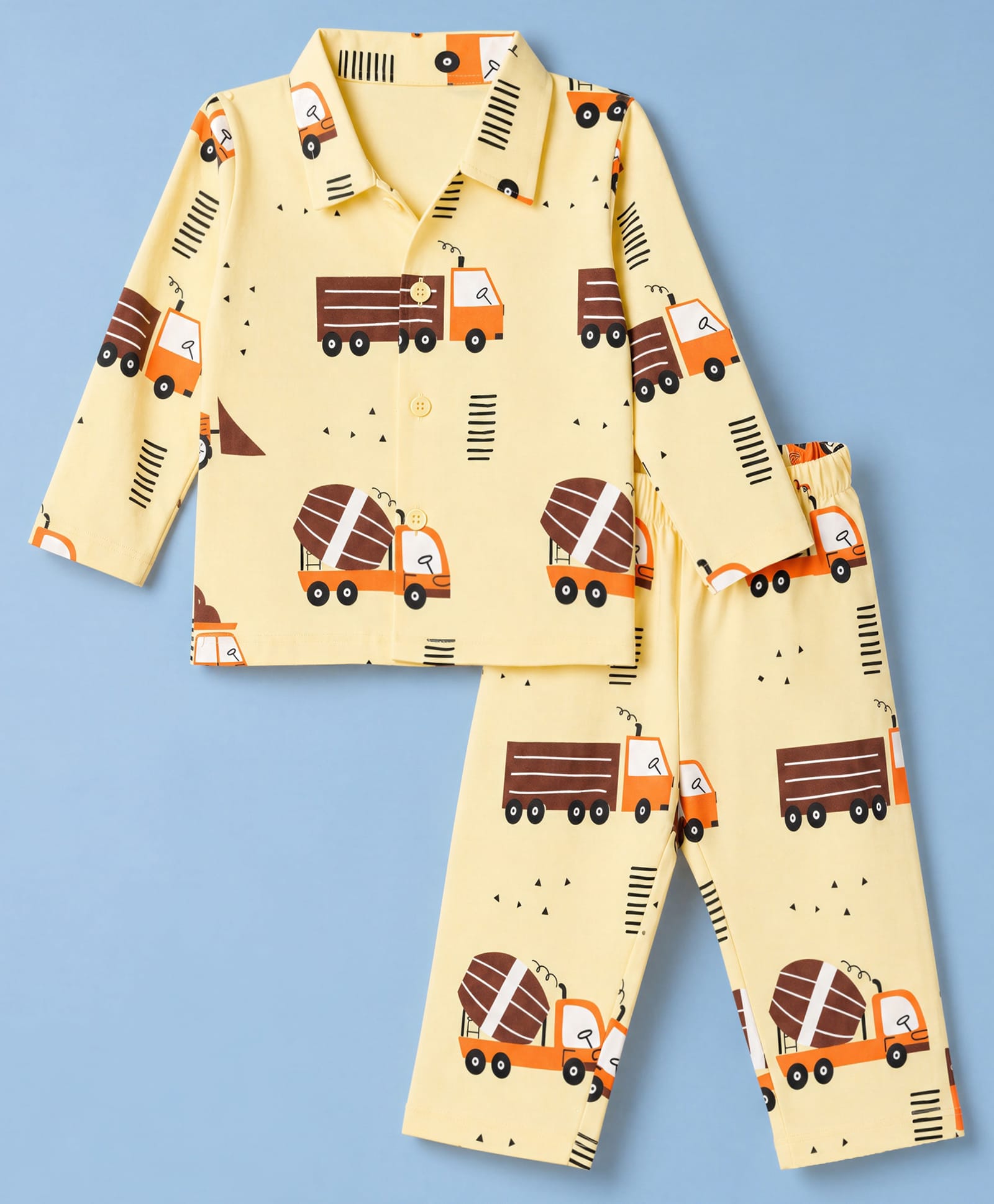 Doodle Poodle 100% Cotton Single Jersey Knit Full Sleeves Co-Ords Shirt & Pyjama Night Suit with Truck Print - Yellow-image-20
