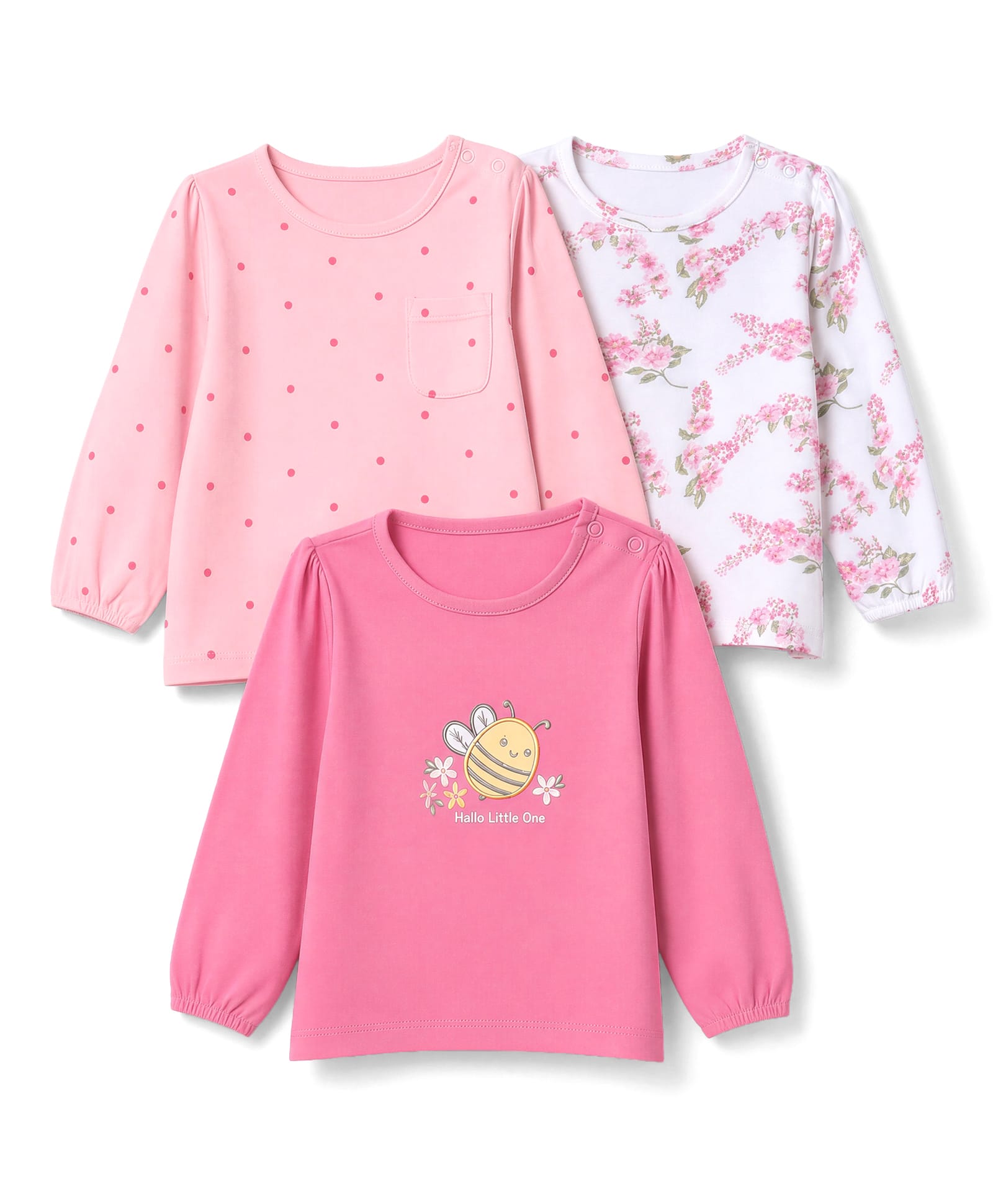 Babyhug Cotton Knit Full Sleeves T-Shirts with Floral Print and Bee Embroidery Pack of 3 in Light Pink, White & Dark Pink-image-40