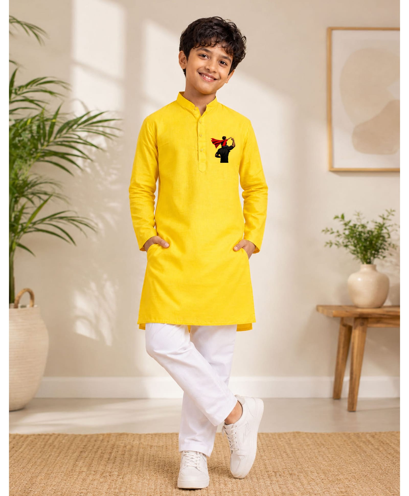 JBN Creation Cotton Woven Fathers Day Theme Full Sleeves Son On Dads Shoulder Printed Kurta Pyjama Set - Yellow-image-29