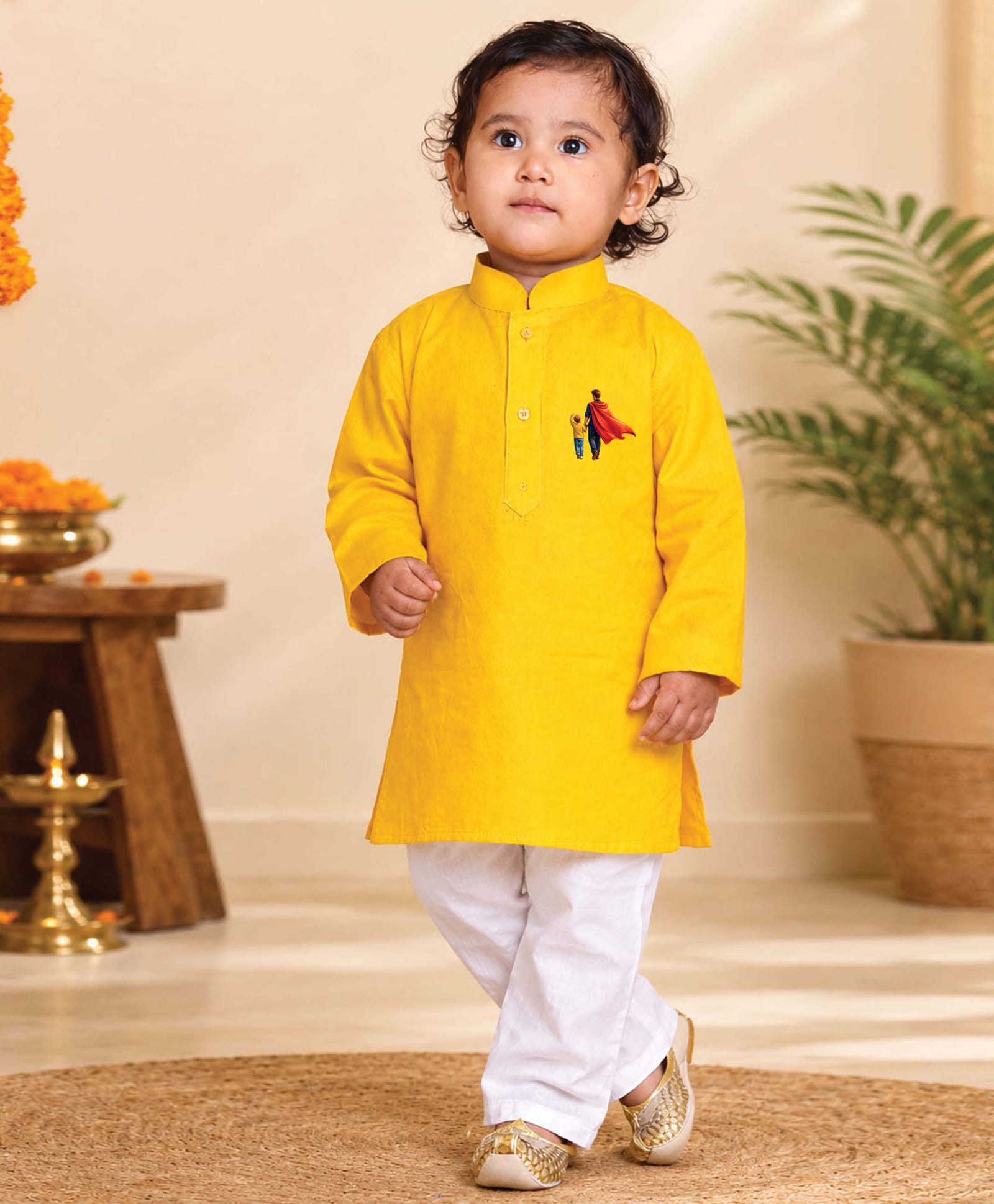 JBN Creation Cotton Woven Fathers Day Theme Full Sleeves Father & Son Printed Kurta & Pyjama Set - Yellow-image-17