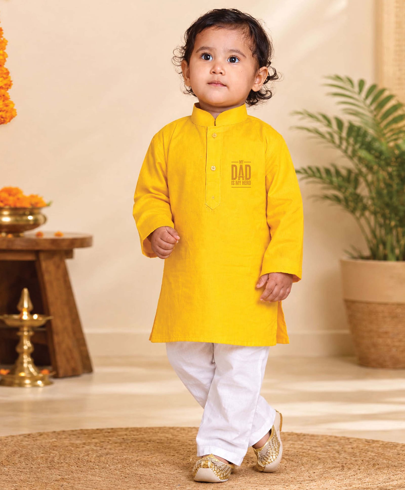 JBN Creation Cotton Woven Fathers Day Theme Full Sleeves My Dad Is My Hero Text Printed Kurta & Pyjama Set - Yellow-picture-10