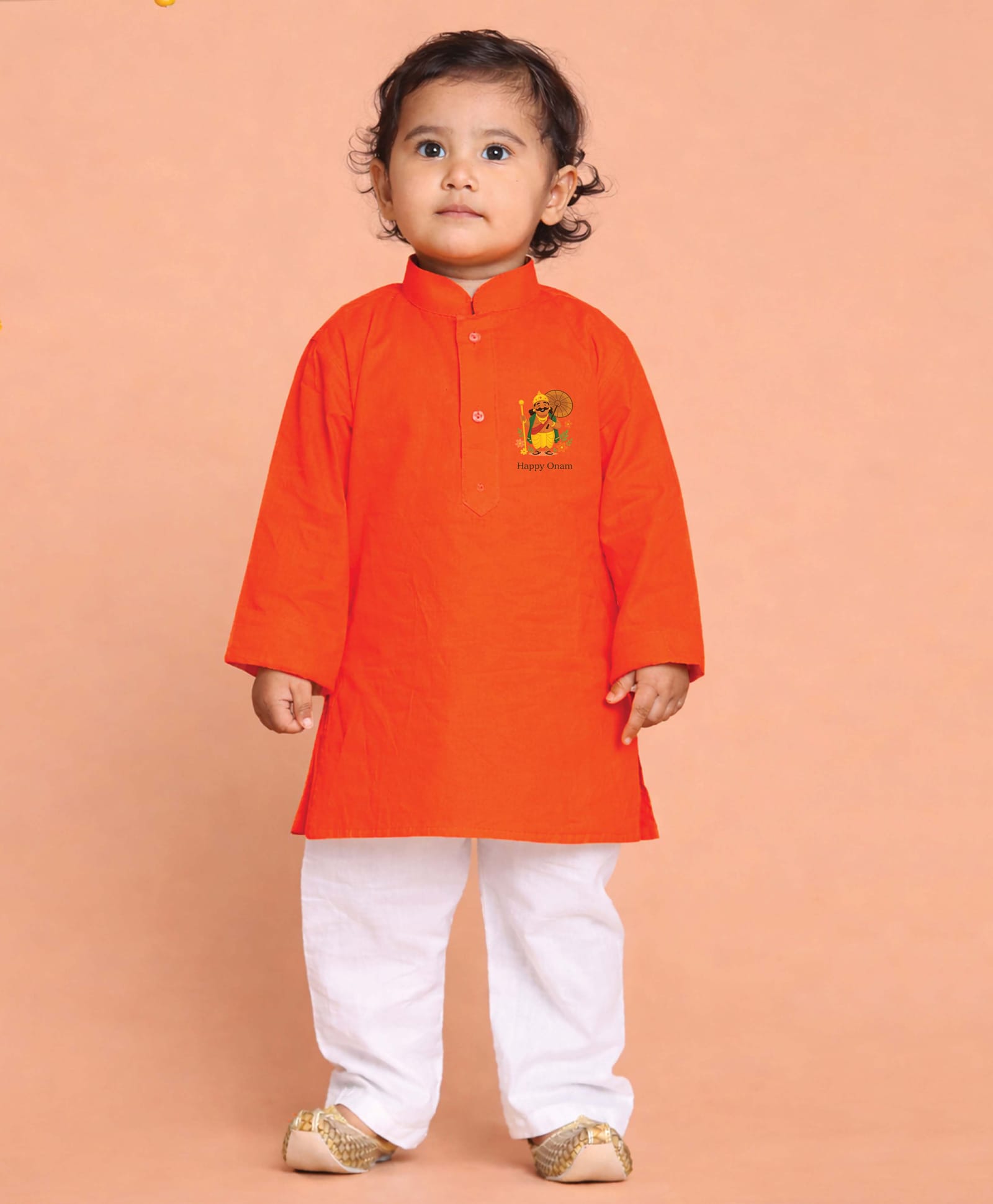 JBN Creation Cotton Woven Full Sleeves Happy Onam Text Printed Kurta & Pyjama Set - Orange-image-6
