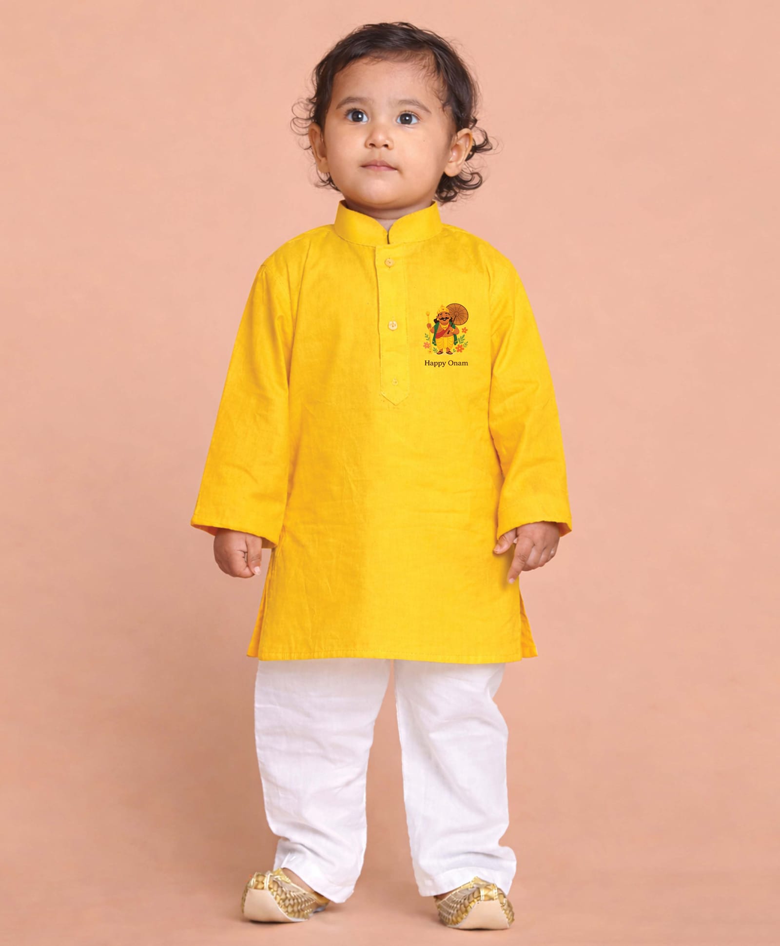 JBN Creation Cotton Woven Full Sleeves Happy Onam Text Printed Kurta & Pyjama Set - Yellow-image-48