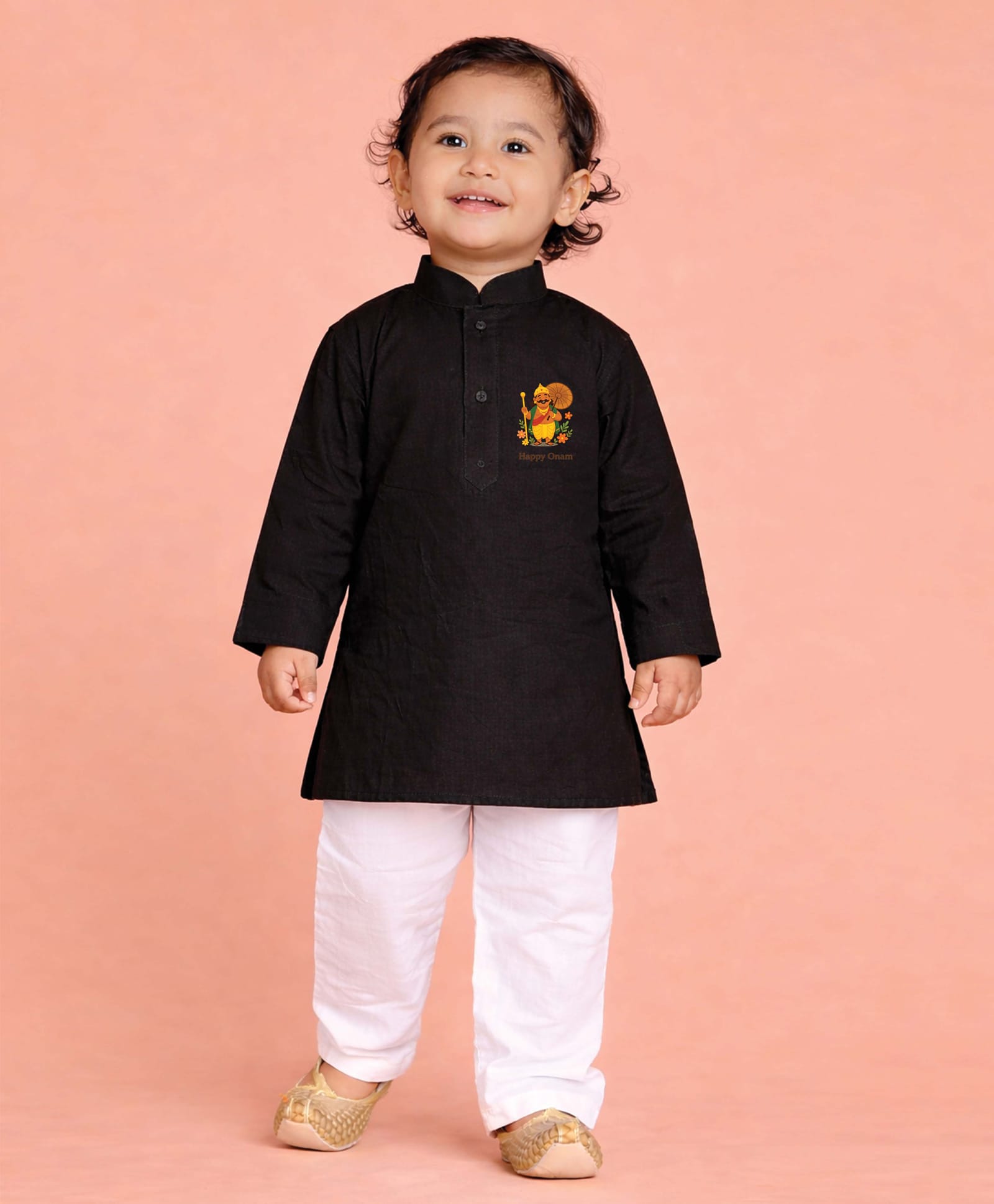 JBN Creation Cotton Woven Full Sleeves Happy Onam Text Printed Kurta & Pyjama Set - Black-image-49