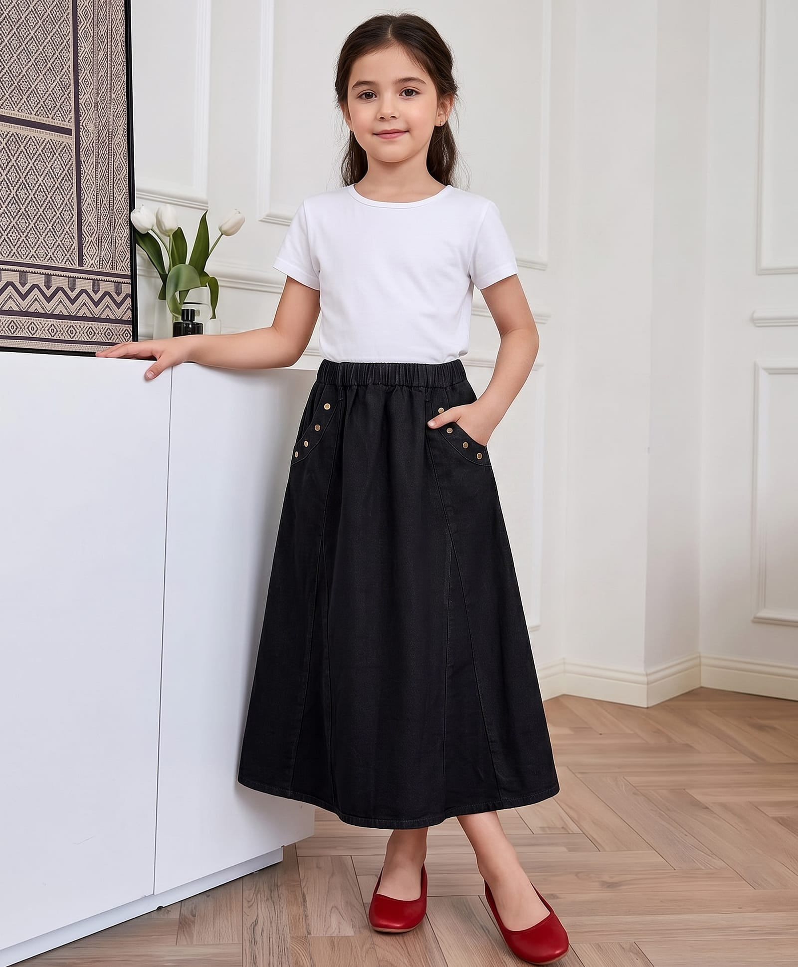 arias by lara dutta Arias Woven Mid Calf Length Solid Color Skirt with Stretch & Pockets - Black-picture-21