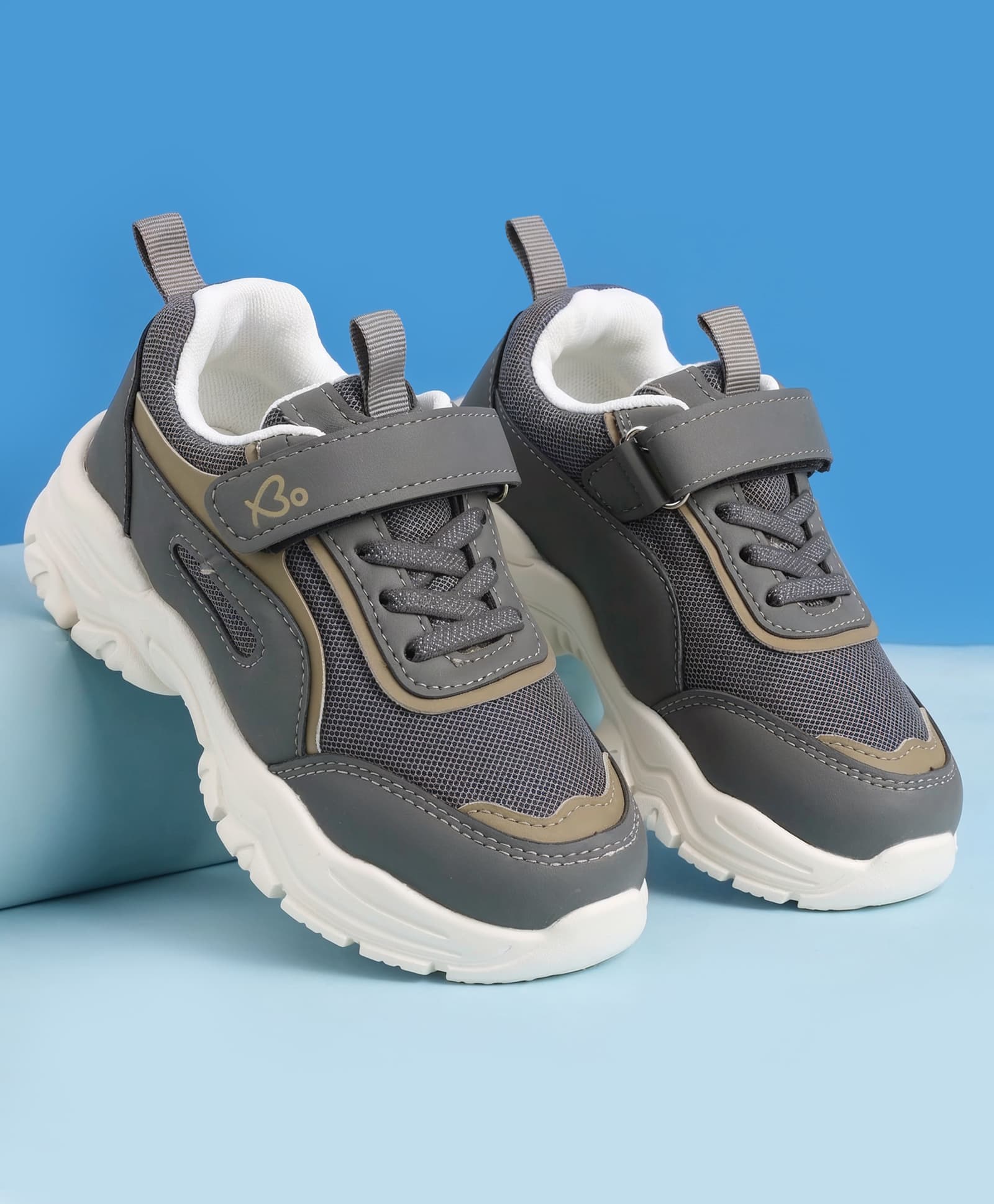 Babyoye Velcro Closure Solid With Heart Print Sneaker Shoes - Grey-image-44