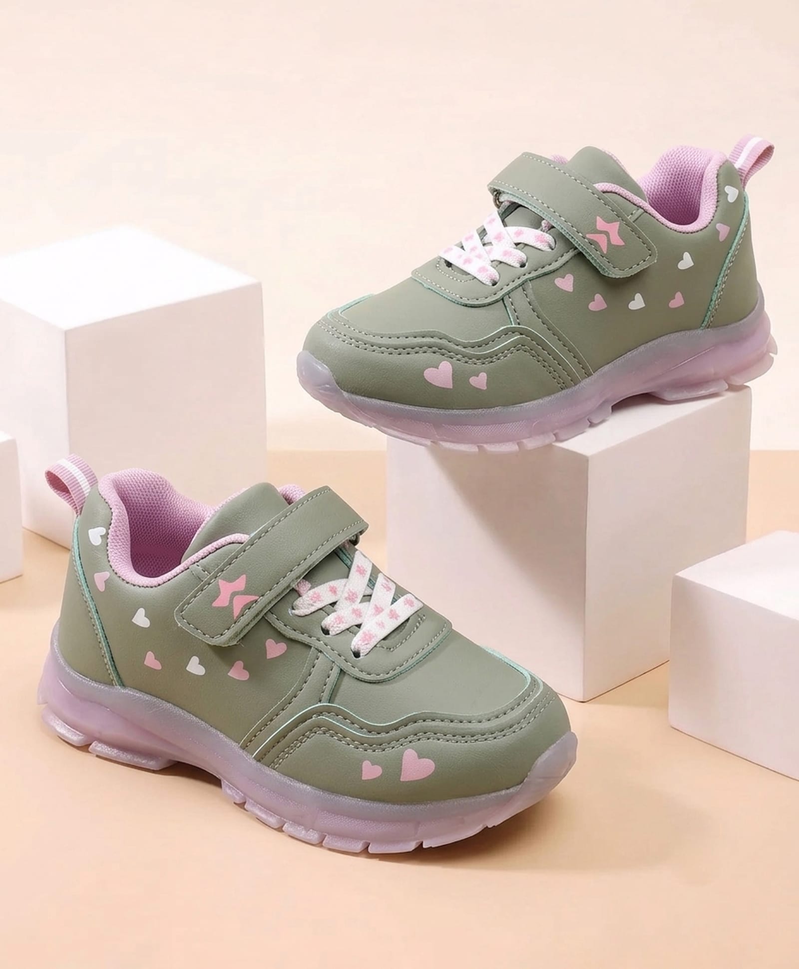 Cute Walk By Babyhug Velcro Closure Sneaker Shoes With Heart Print - Green-picture-13