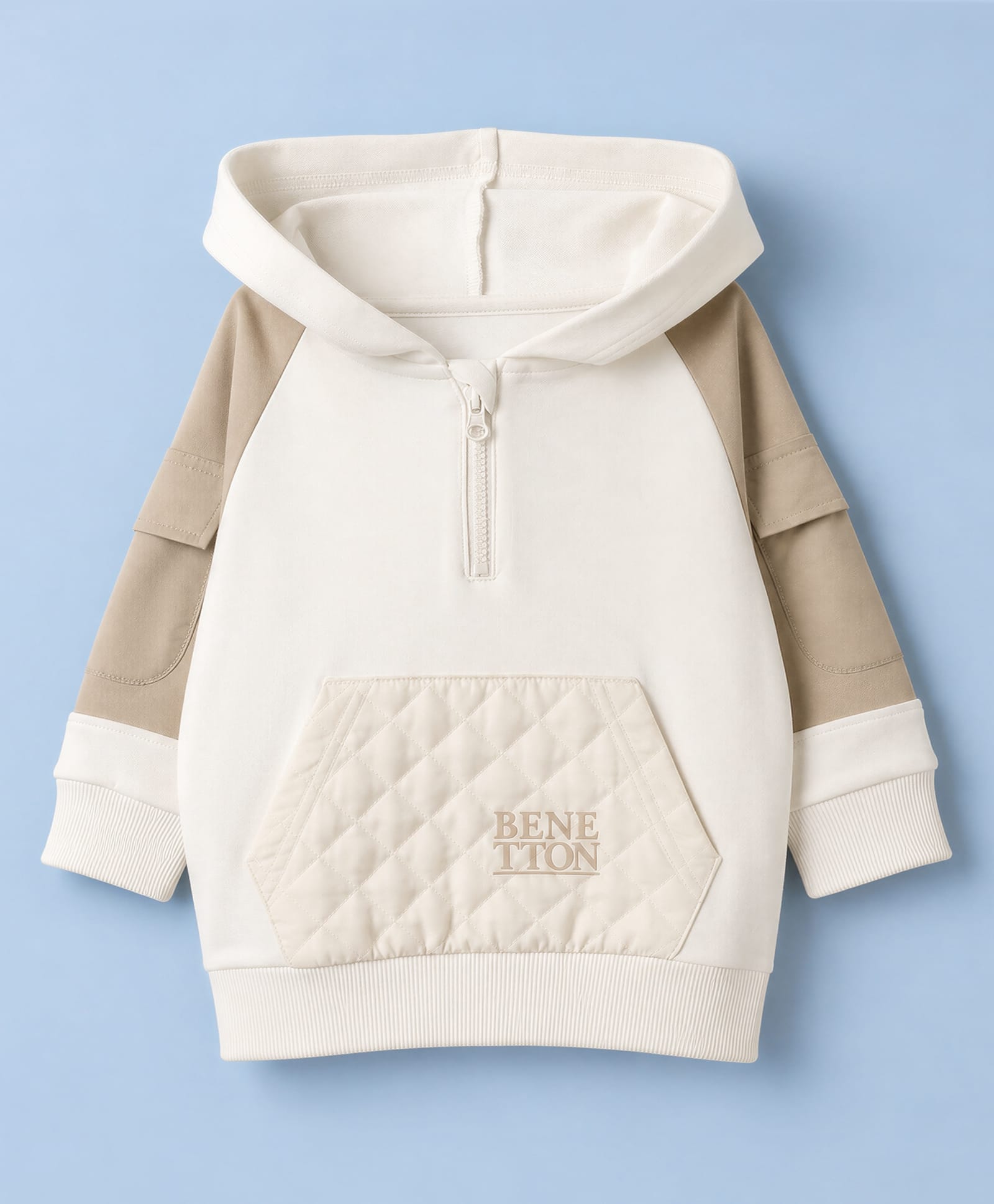 UCB Cotton Knit Full Sleeves Color Block Hoodie with Tafetta Pocket - White-picture-21