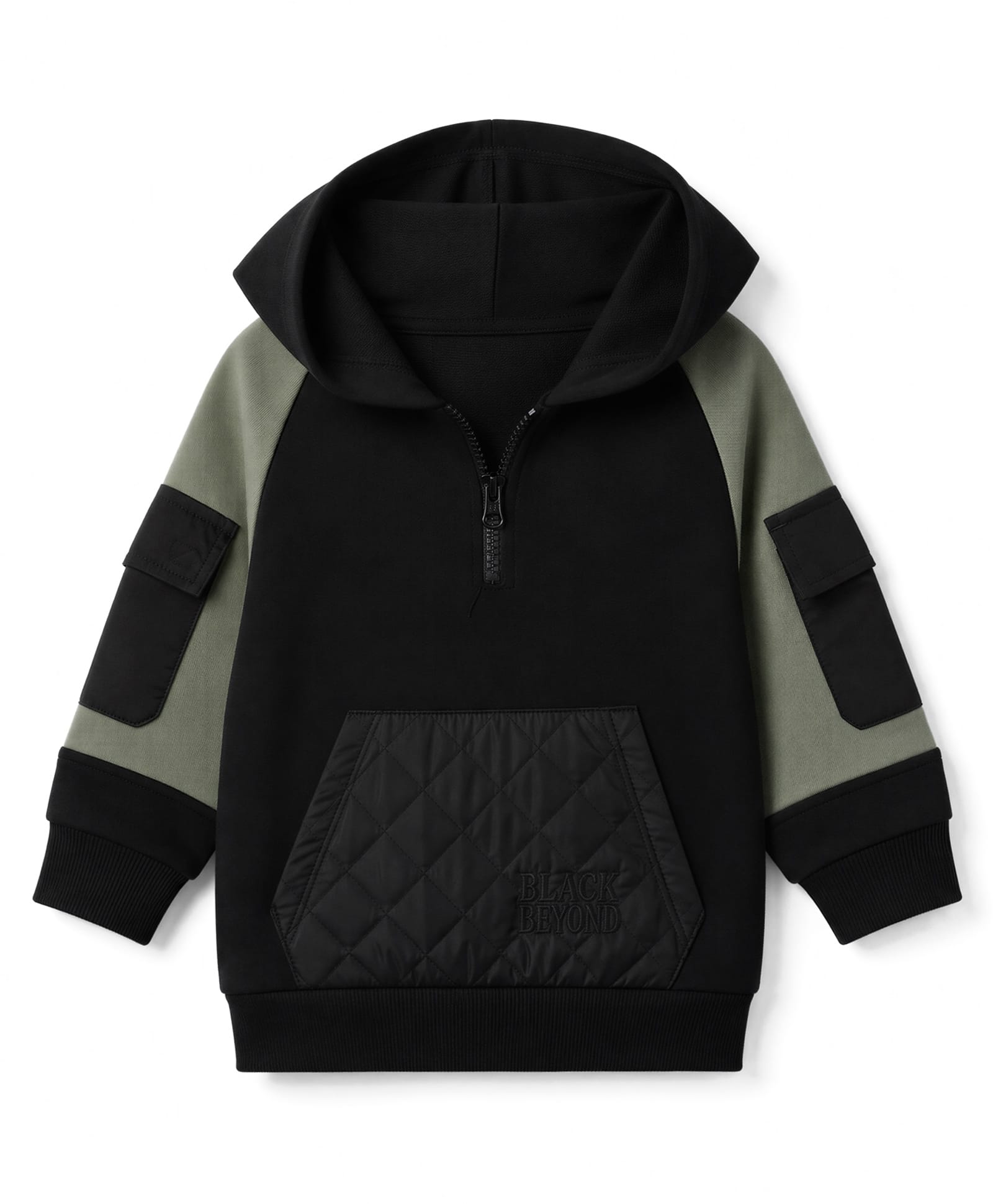 UCB Cotton Knit Full Sleeves Color Block Hoodie with Tafetta Pocket - Black-picture-16