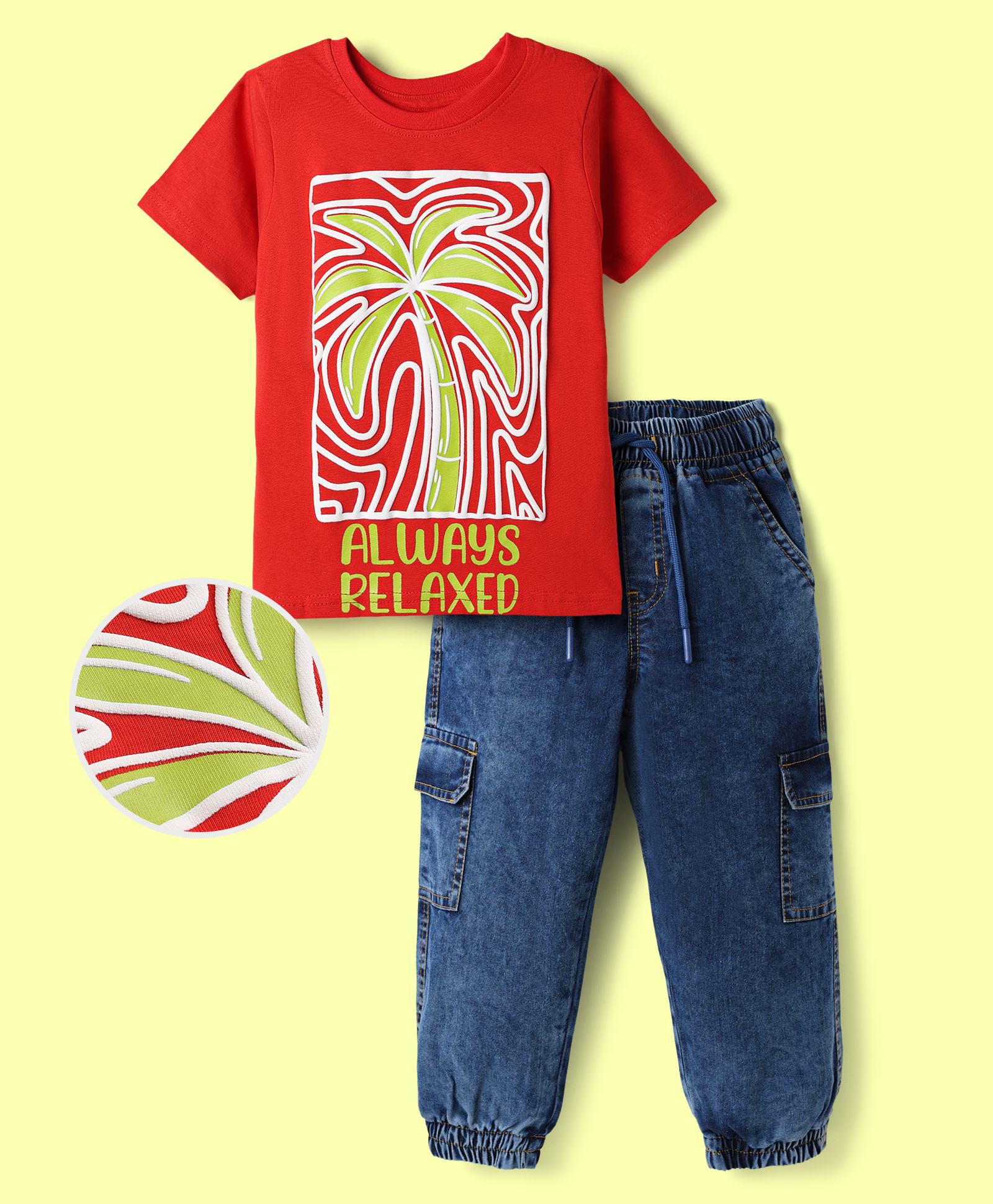 OLLINGTON ST. Cotton Sinker Knit Half Sleeves Text Printed T-Shirt & Denim Joggers - Red & Blue-image-10
