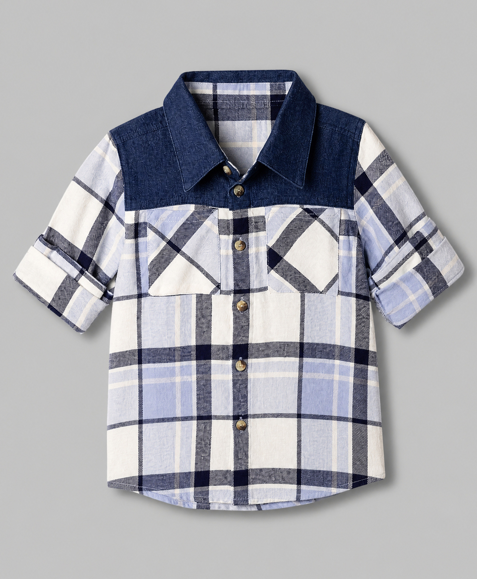 Arias by Lara Dutta 100% Cotton Woven Yarn Dyed brushed Flannel Check Full Sleeves Shirt with Contrast Denim - Blue-picture-18