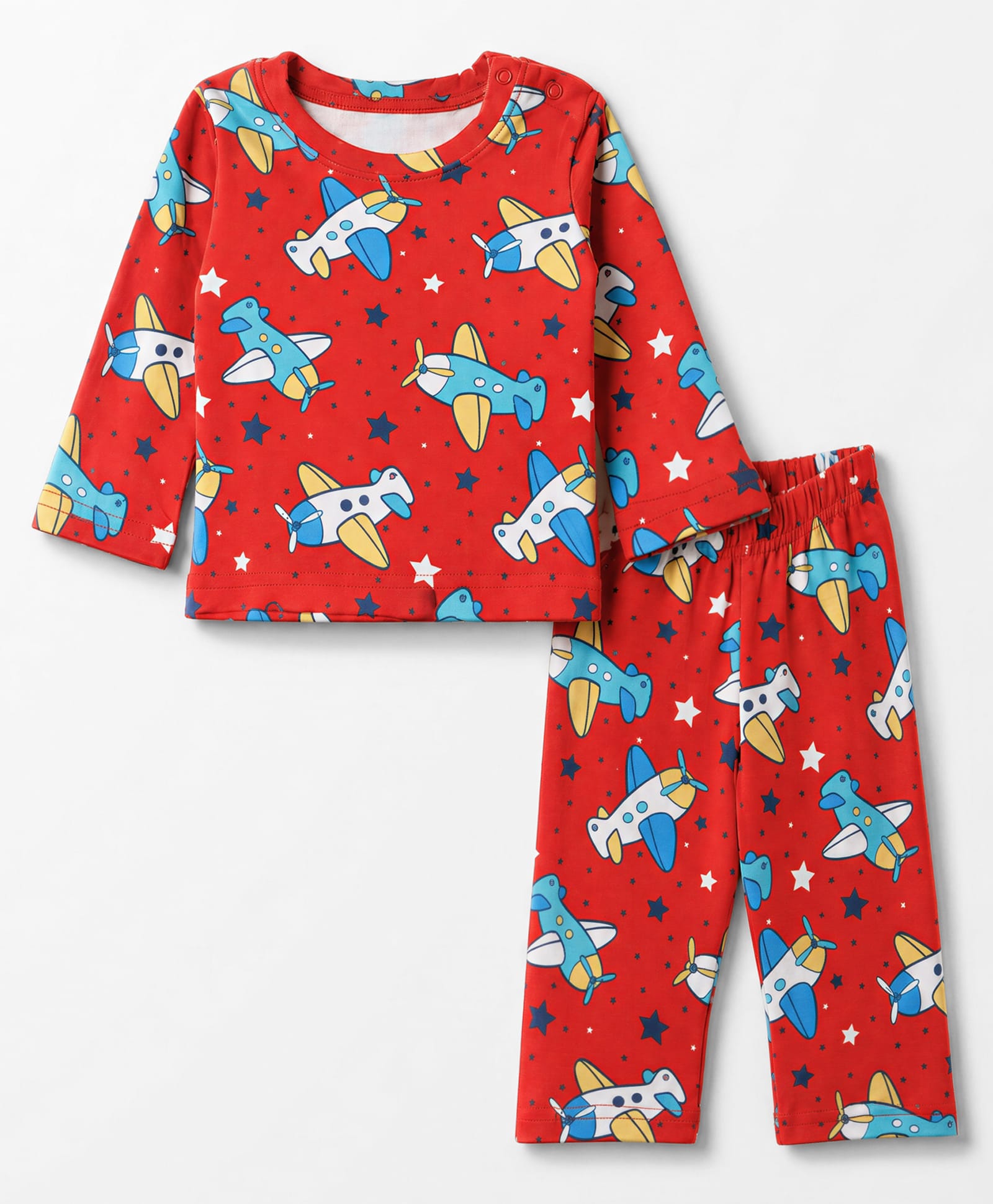 Babyhug Cotton Interlock Knit Full Sleeves Co-Ords T-Shirt & Pyjama Night Suit with Airplane & Star Print - Red-picture-21