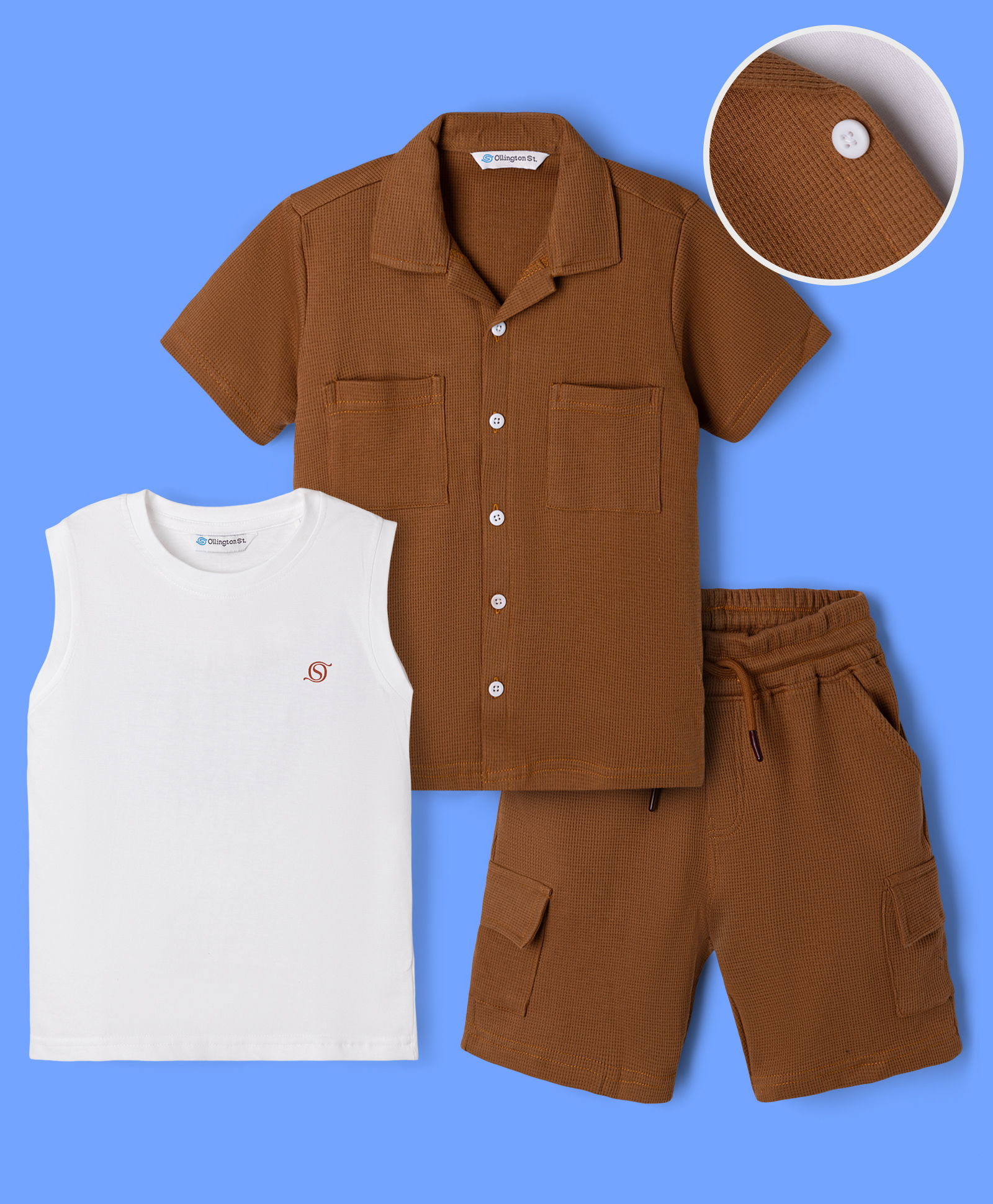 OLLINGTON ST. Cotton Waffle Knit Half Sleeves Shirt With Inner Tee & Shorts Set - Brown-image-16