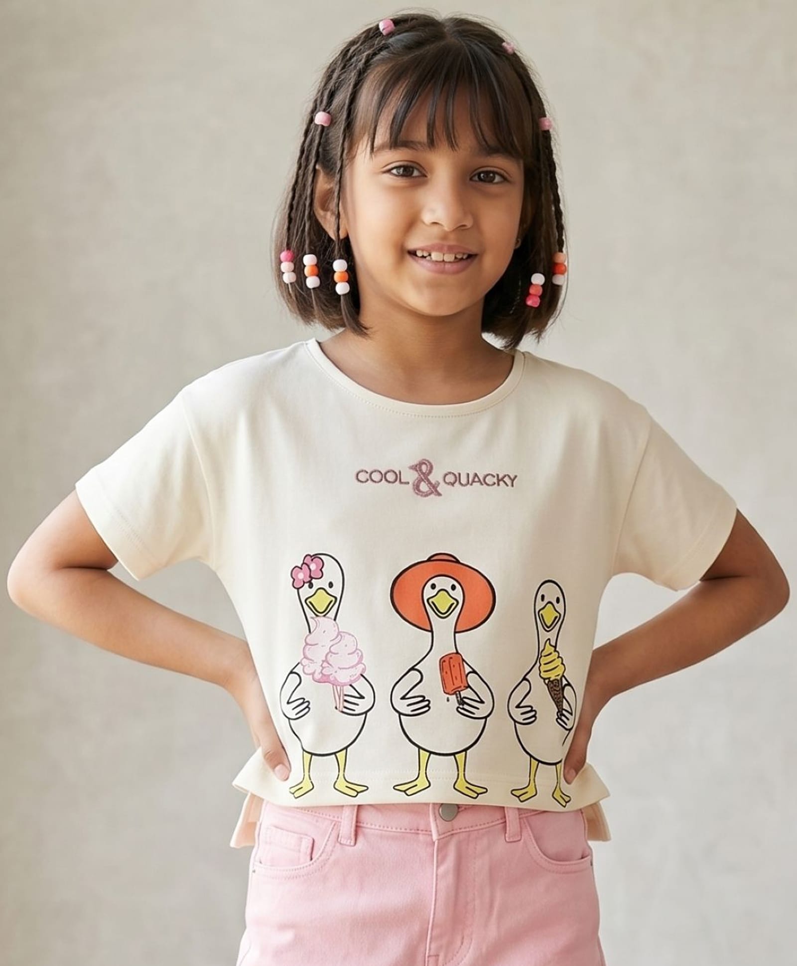 Tales & Stories Cotton Knit Half Sleeves Cool Ducks Printed Top - Off White-picture-23