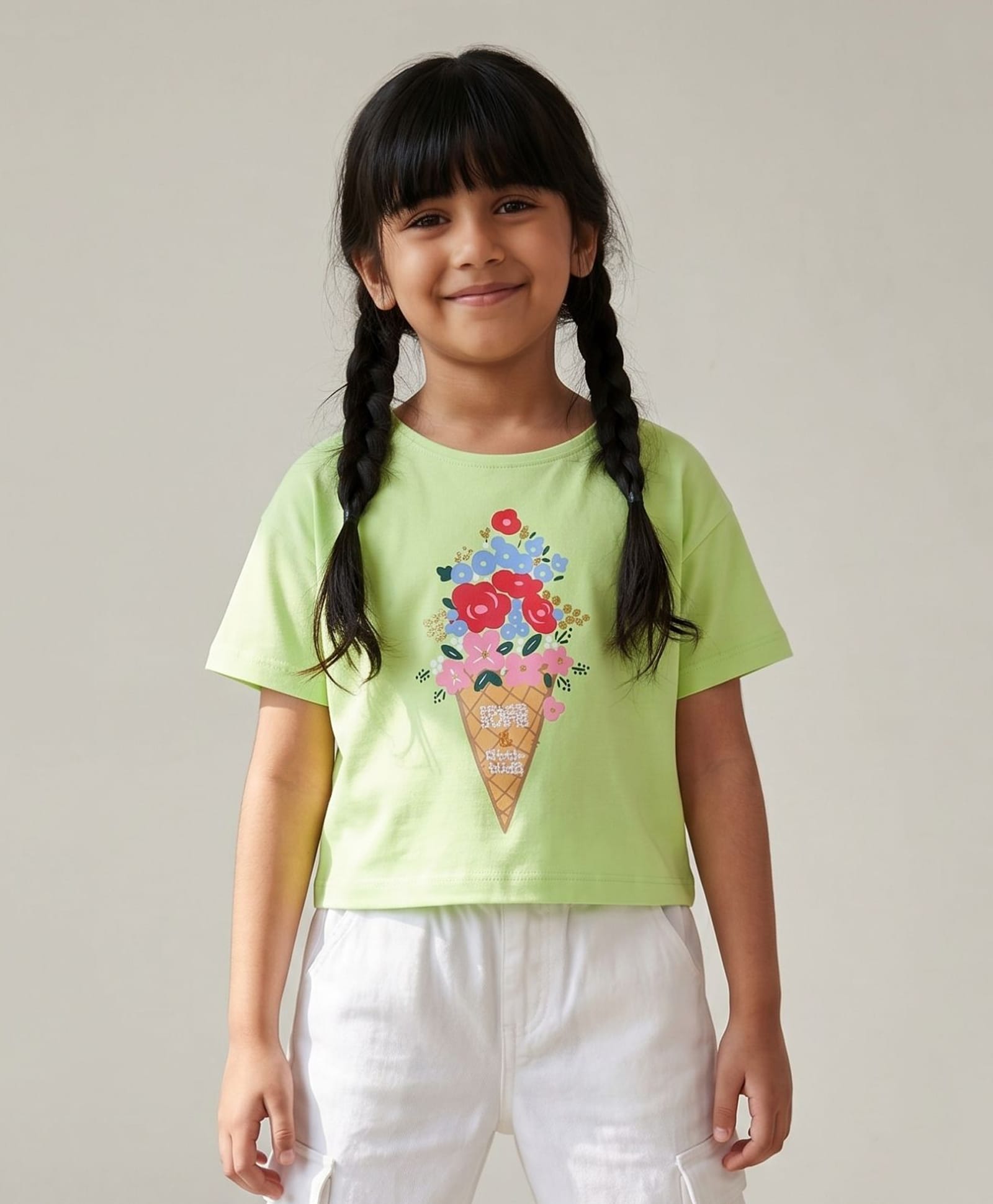Tales & Stories Cotton Knit Half Sleeves Floral Ice Cream Cone Printed Top - Light Green-picture-12