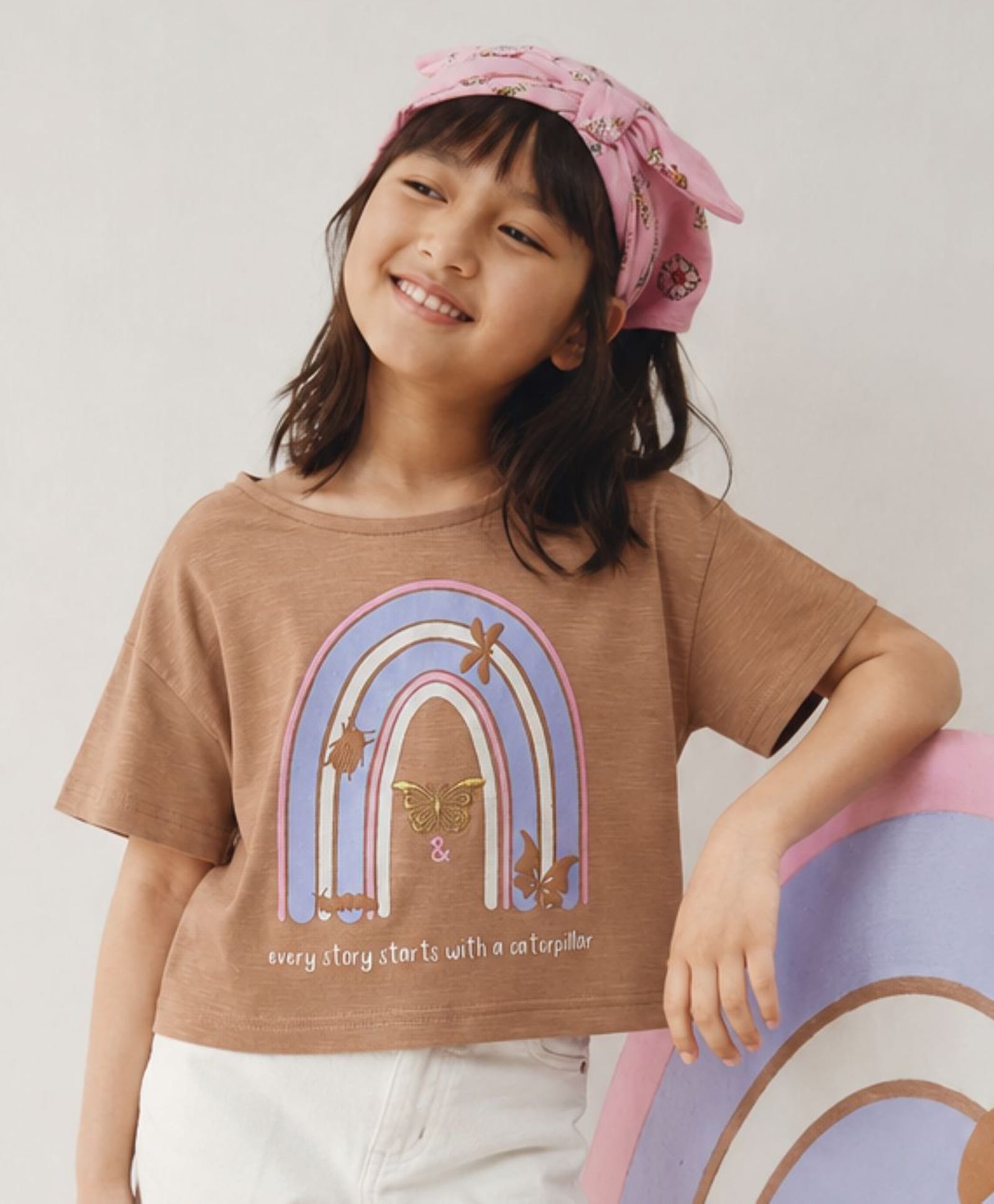 Tales & Stories Cotton Knit Half Sleeves Butterfly Embroidered & Rainbow Printed Top - Tan-picture-32