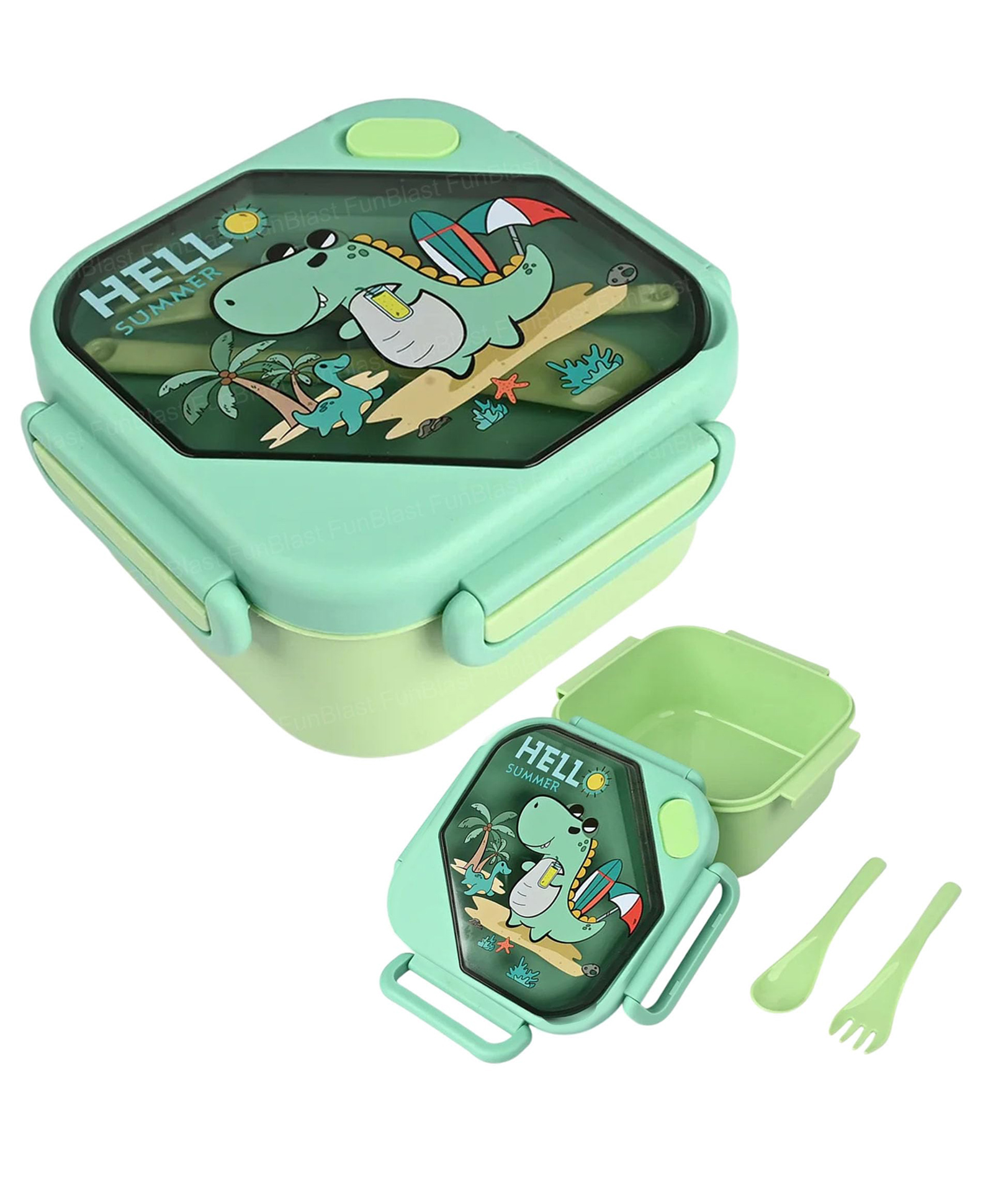 FunBlast Dinosaur Print Lunch Box with Spoon & Fork for Kids Pack of 1 (Multicolor)-image-23