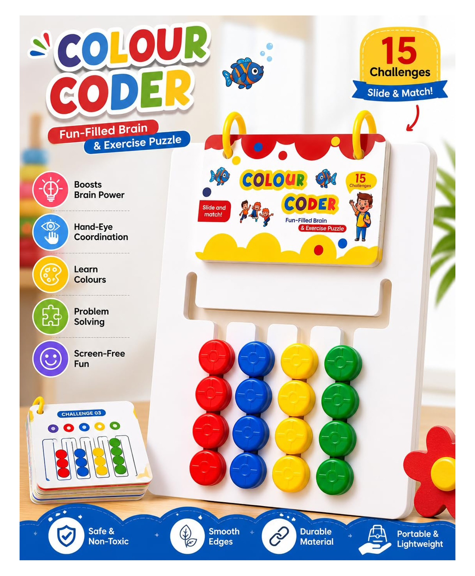 ADKD Colour Coder Interactive Slide & Match Puzzle Game | Travel-Friendly Educational Brain Teaser for Kids | Develops Logic & Hand-Eye Coordination (15 Challenge Cards)- Multicolor-image-24