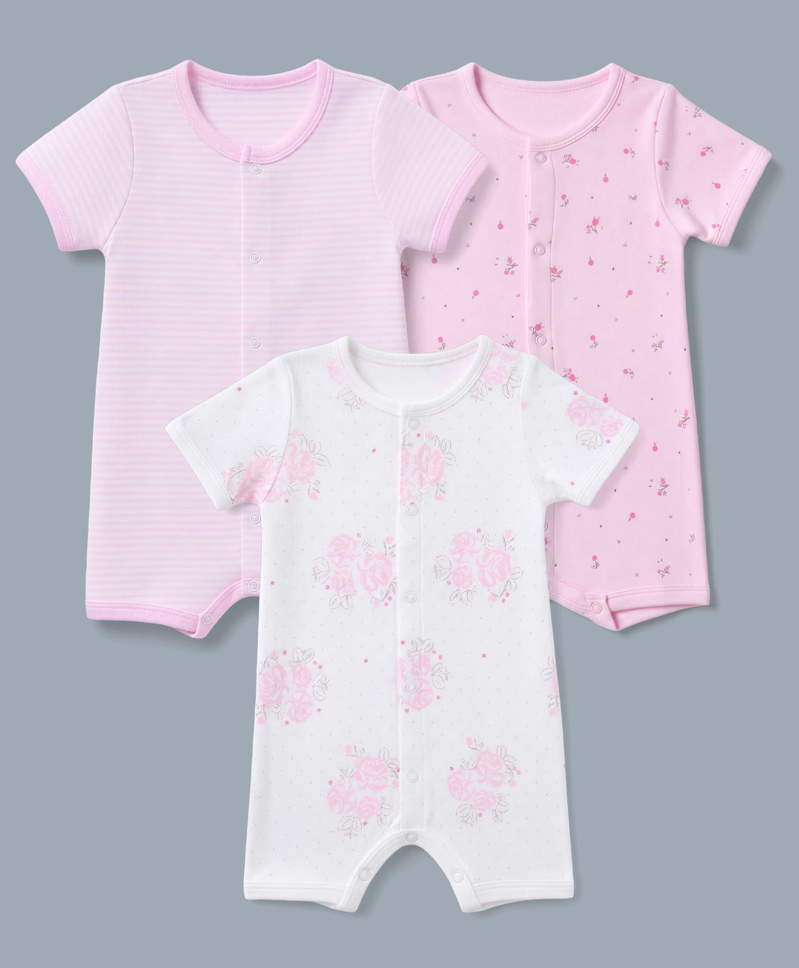 I Bears Interlock Knit Half Sleeves Striped Rompers With Floral Print Pack of 3 - White & Pink-image-45