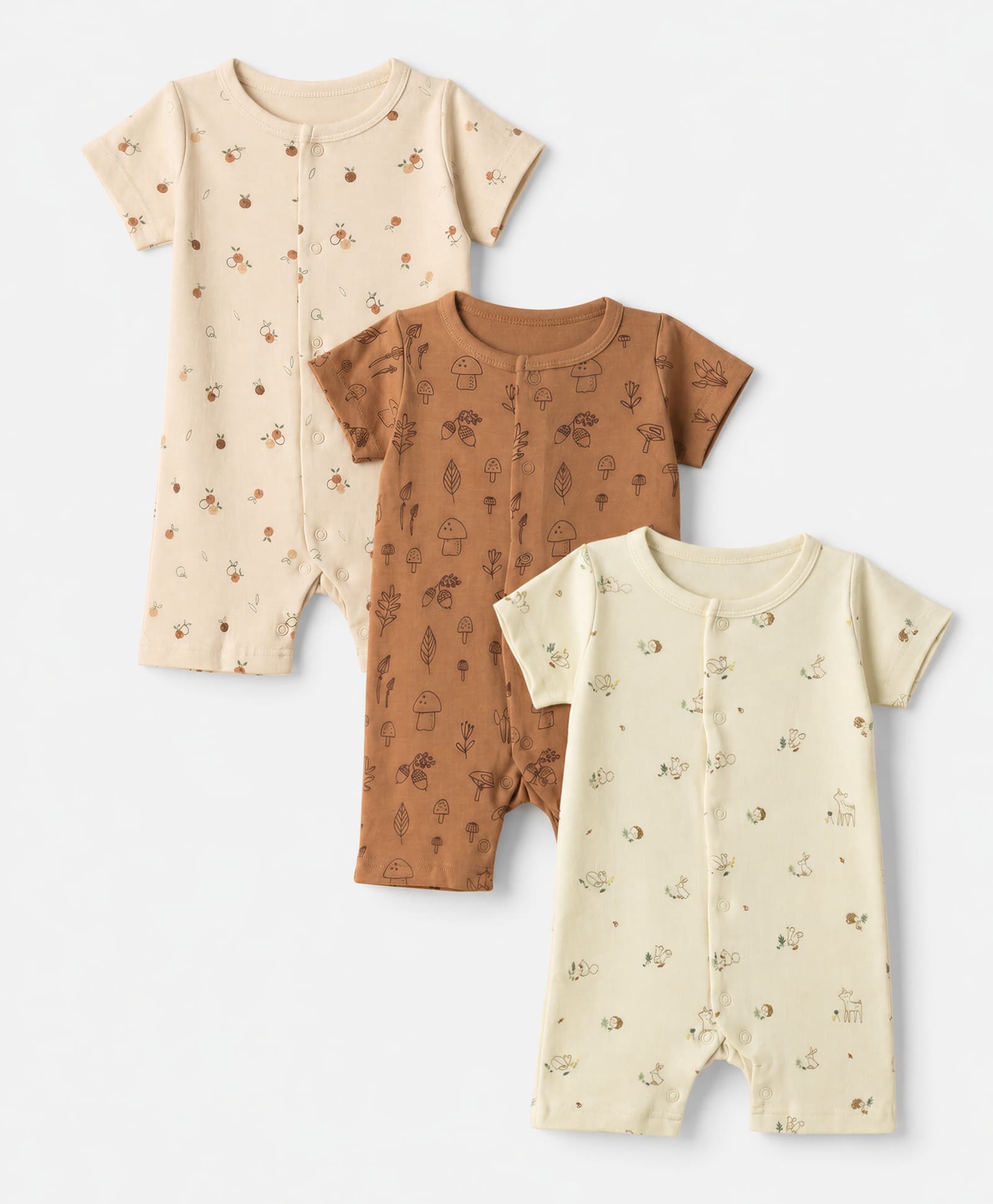 I Bears Interlock Knit Half Sleeves Rompers With Floral & Mushroom Print Pack of 3 - Beige, Brown & Offwhite-image-32