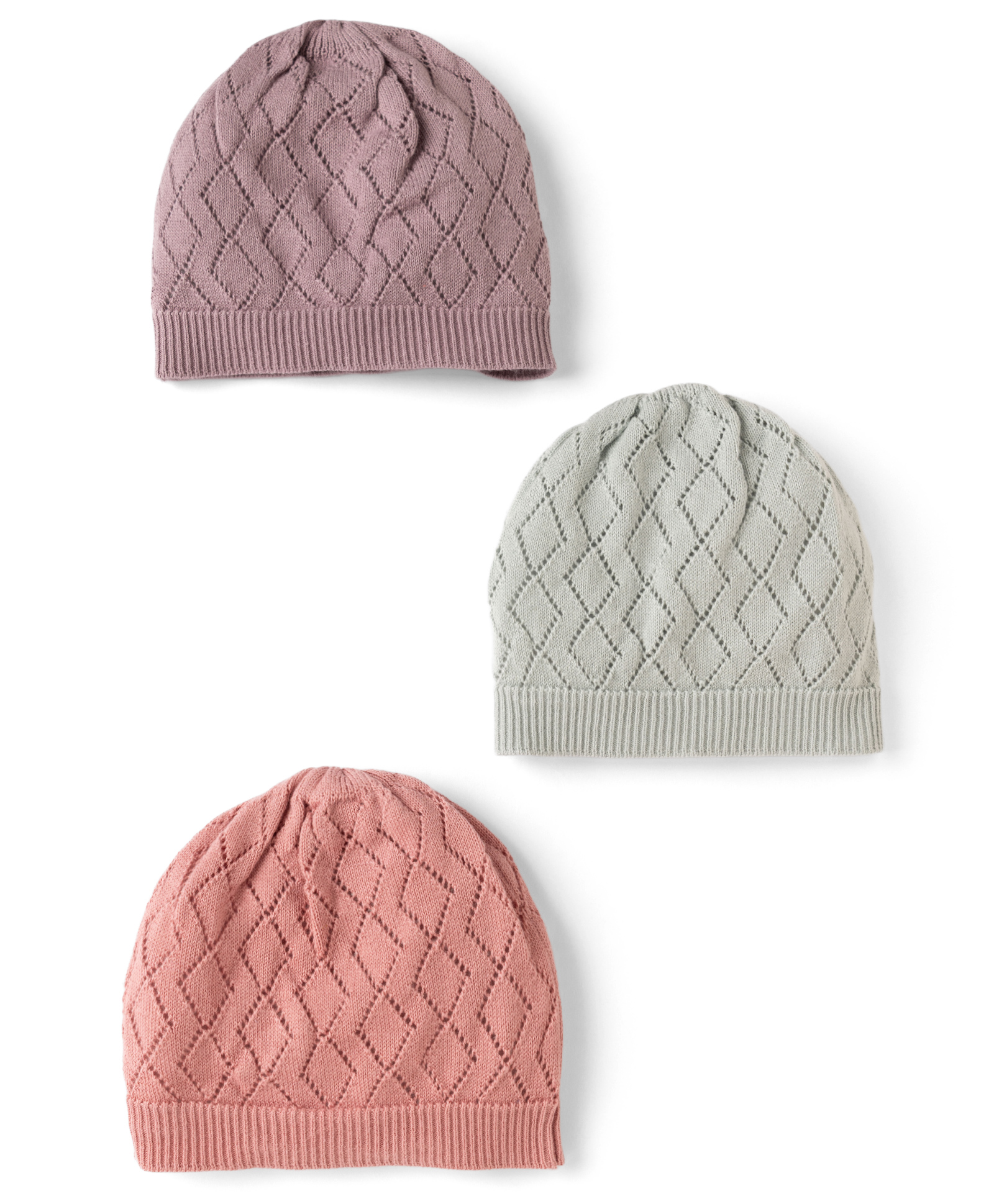 I Bears Cotton Knit Baby Caps with Diamond Knit Pattern Dark Pink, Grey & Purple Pack of 3 - Diameter 16 cm-image-47