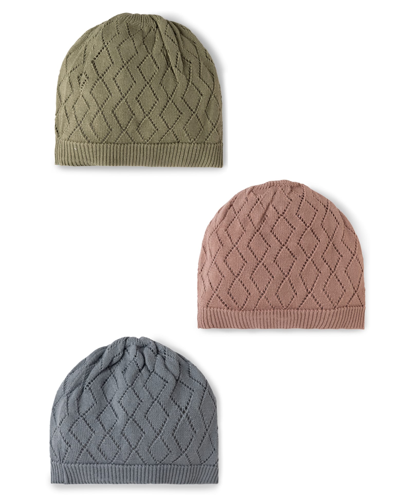 I Bears Cotton Knit Baby Caps with Diamond Knit Pattern Olive Green, Purple & Navy Blue Pack of 3 - Diameter 16 cm-image-8