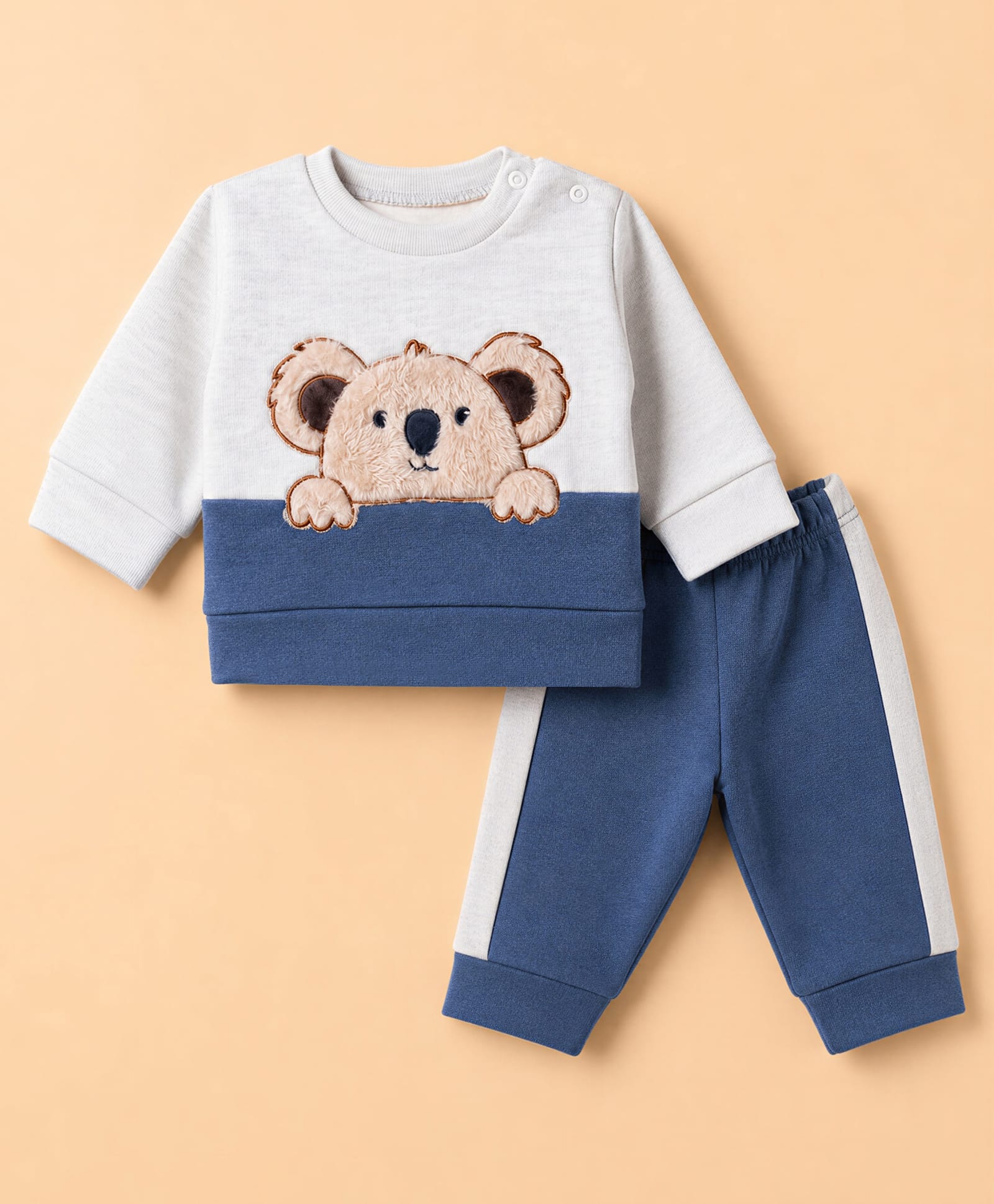 Mom's pet Fleece Knit Full Sleeves Bear Embroidered Pre Winter Tee & Joggers Set - Blue-picture-18