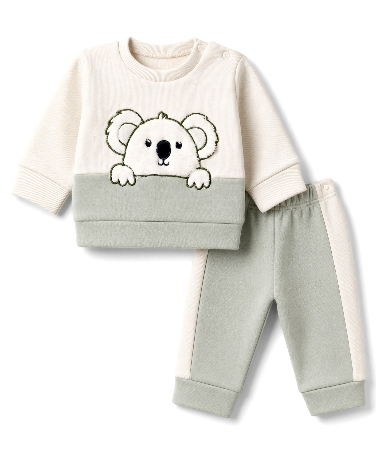 Mom's pet Fleece Knit Full Sleeves Bear Embroidered Pre Winter Tee & Joggers Set - Green-picture-47