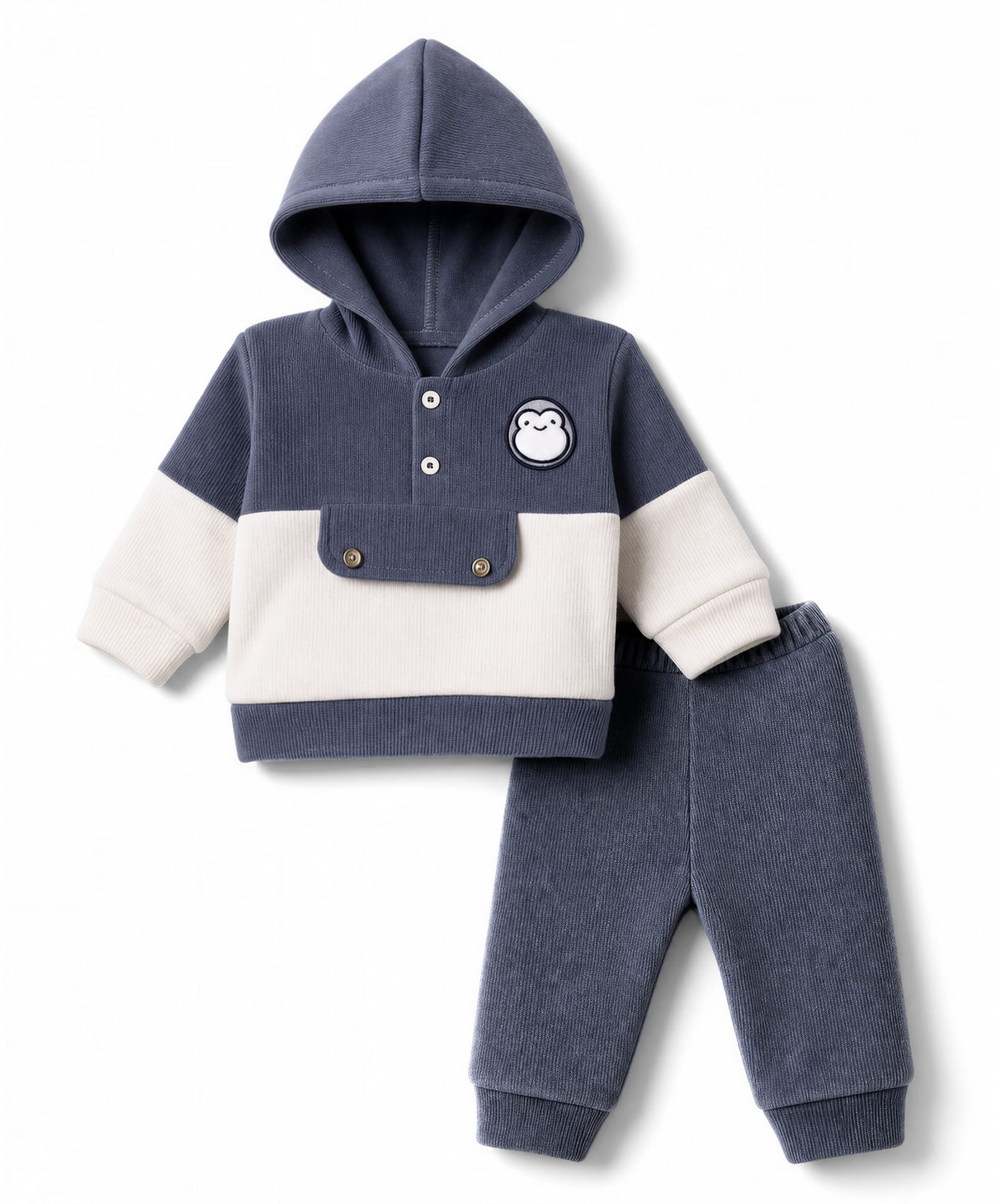 Mom's pet Fleece Knit Full Sleeves Penguin Patch Embroidered Pre Winter Hooded Tee & Joggers Set - Blue-picture-19