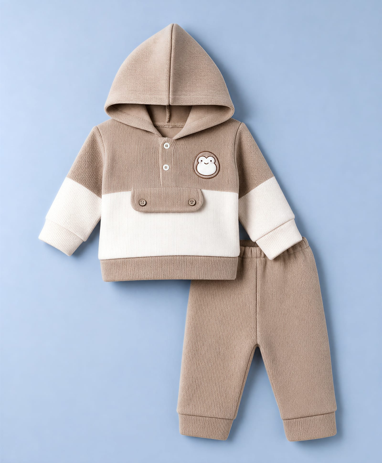 Mom's pet Fleece Knit Full Sleeves Penguin Patch Embroidered Pre Winter Hooded Tee & Joggers Set - Brown-picture-16