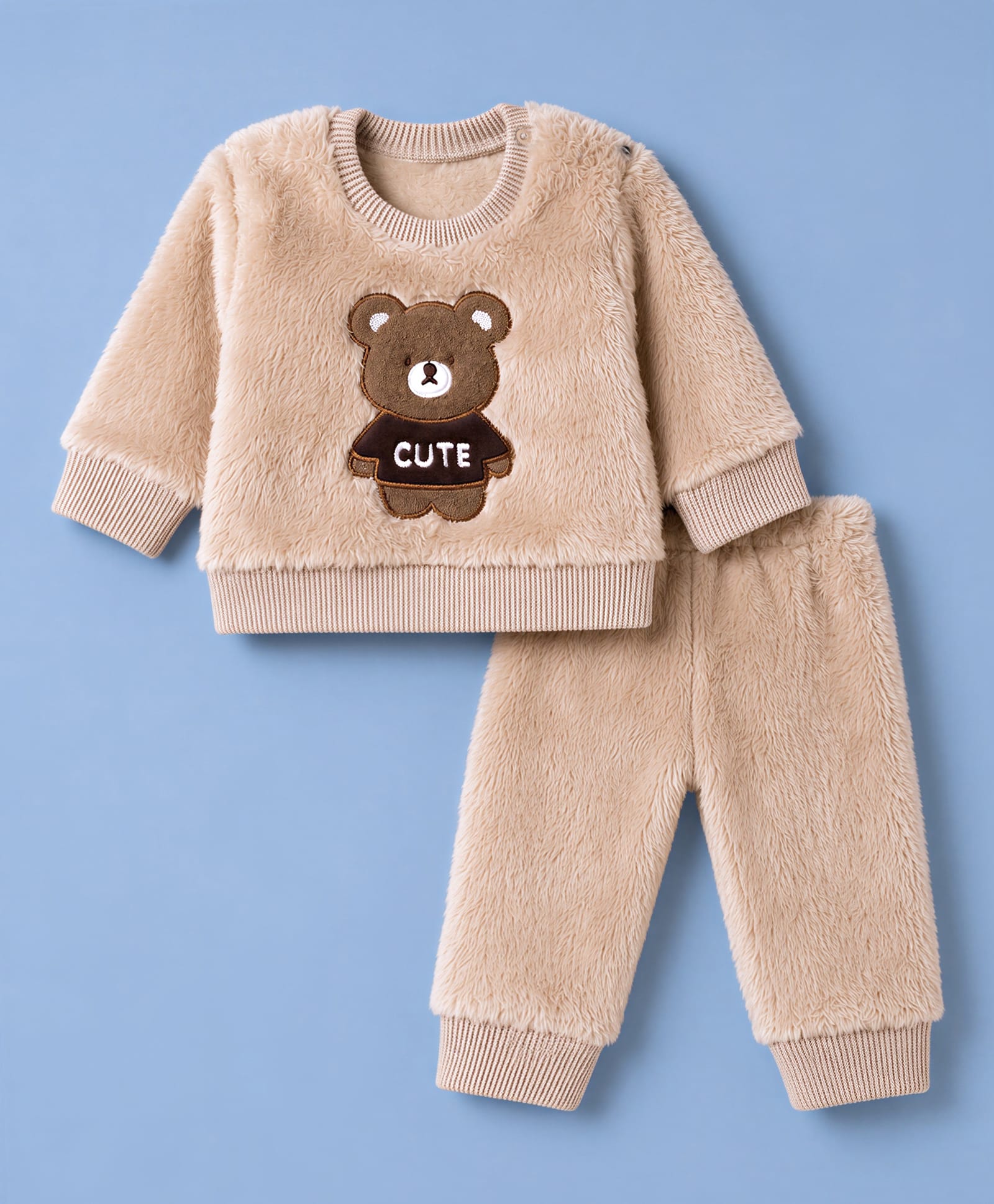 Mom's pet Fur Knit Full Sleeves Bear Embroidered Winter Tee & Joggers Set - Brown-picture-45