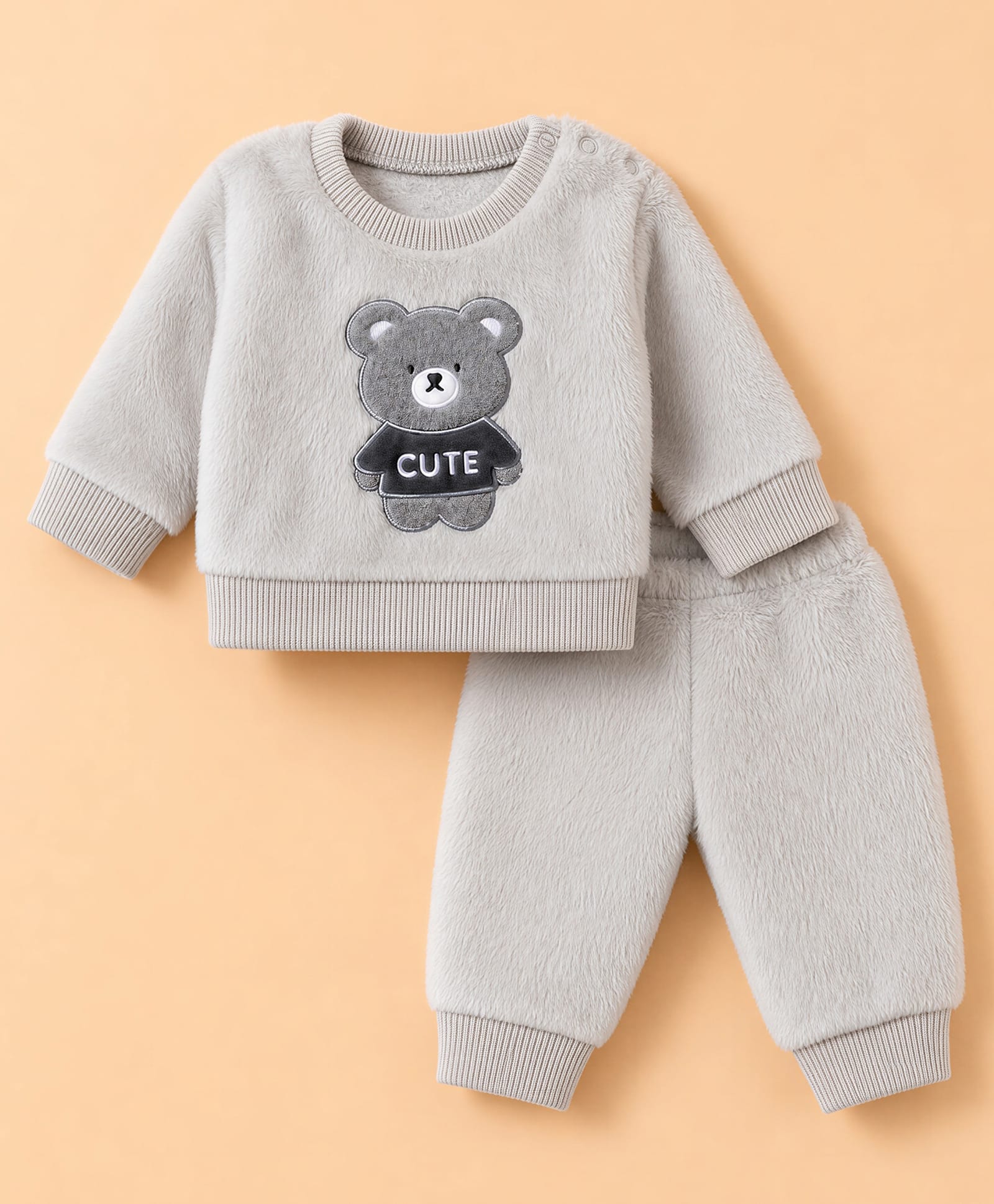 Mom's pet Fur Knit Full Sleeves Bear Embroidered Winter Tee & Joggers Set - Grey-picture-49